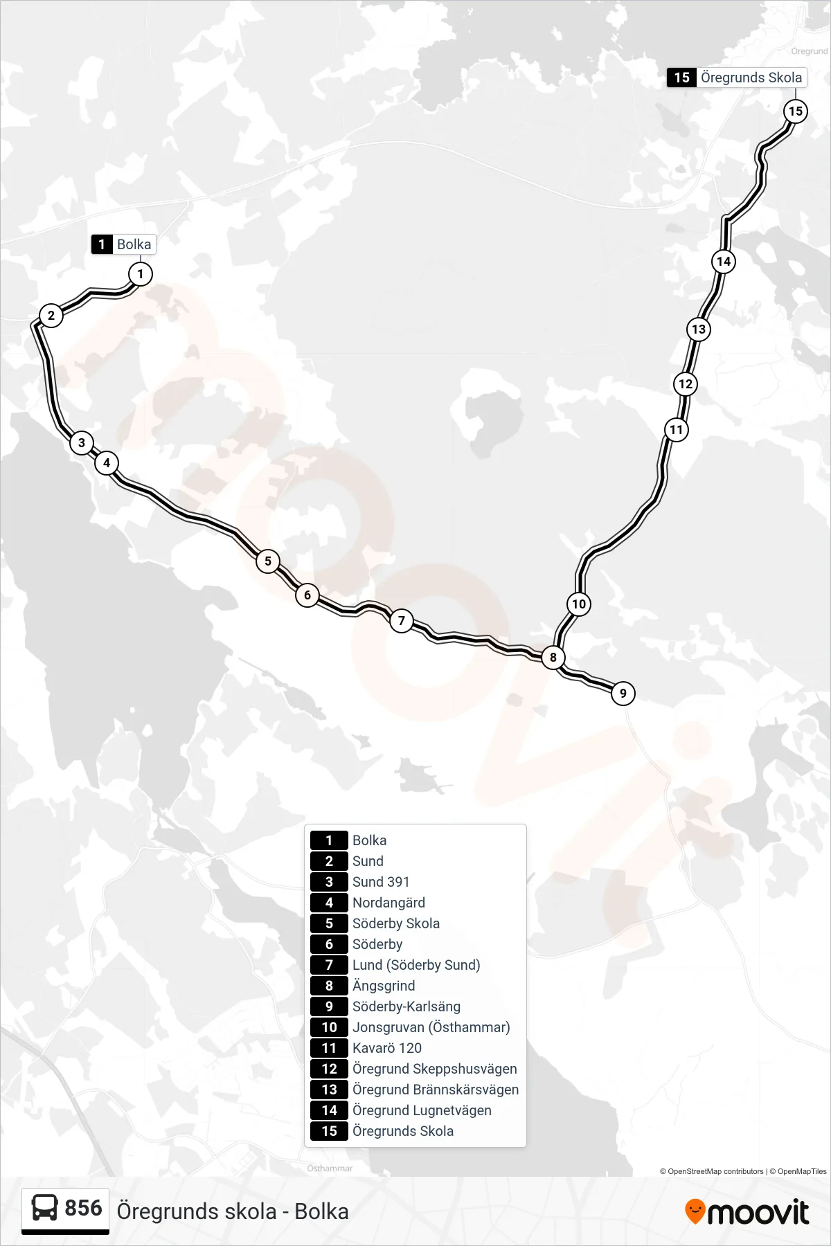 Rutt och hållplatser på karta för linje 856  buss, (Öregrunds Skola)