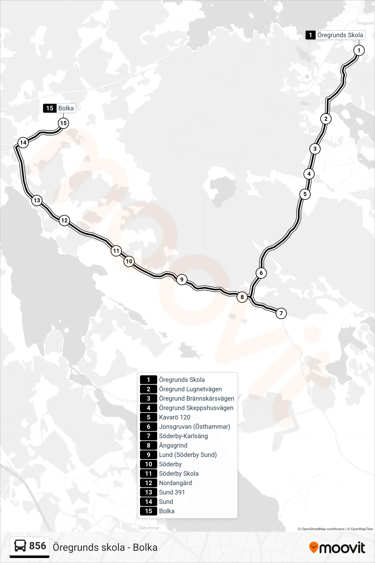 Rutt och hållplatser på karta för linje 856 buss, (Bolka)