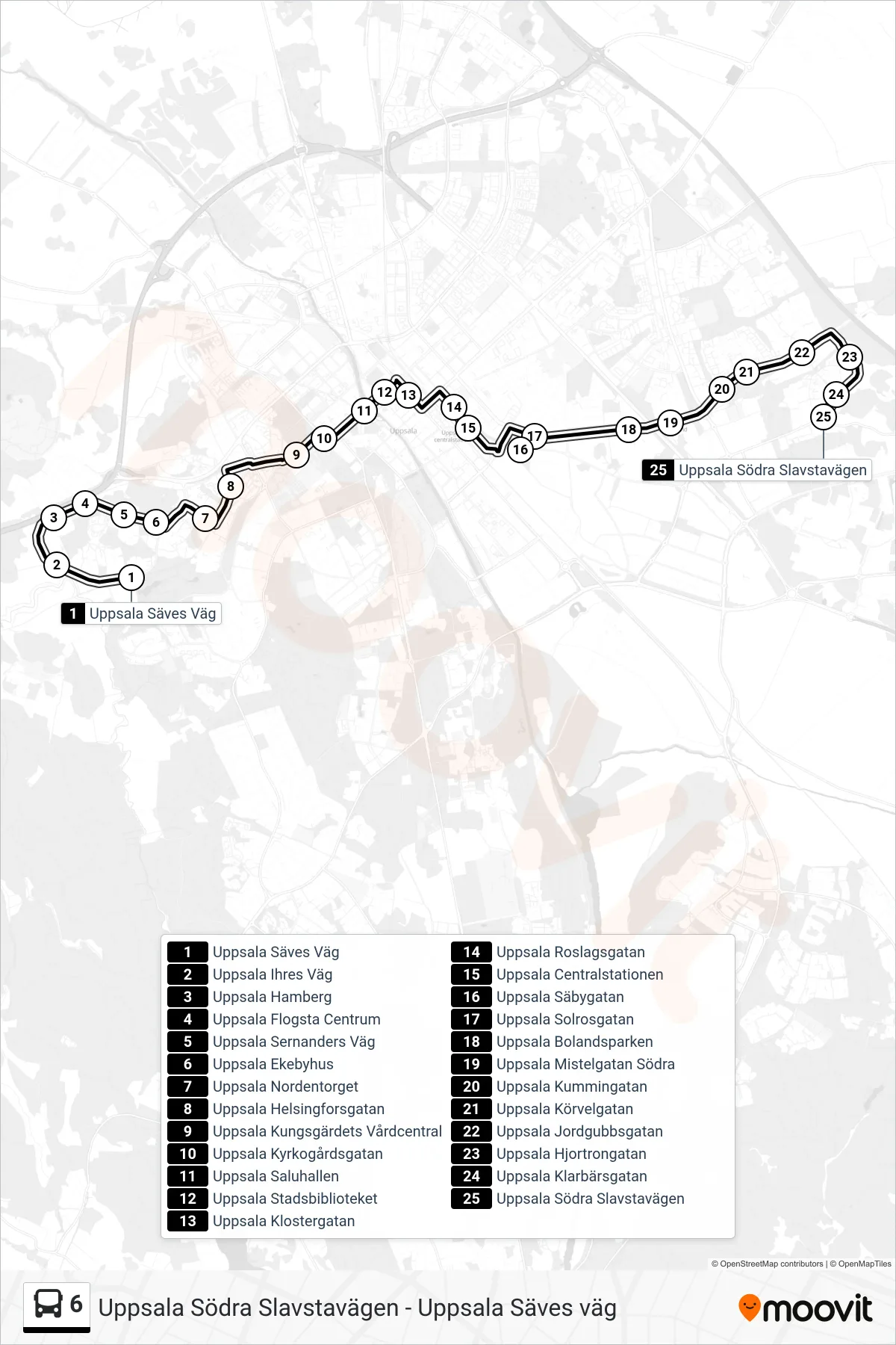 Rutt och hållplatser på karta för linje 6 buss, (Uppsala Södra Slavstavägen)