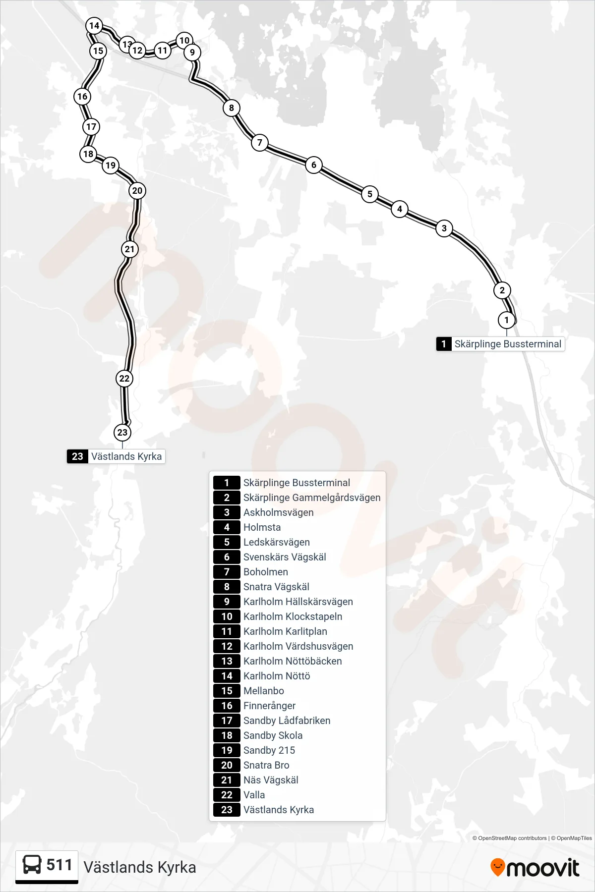 Rutt och hållplatser på karta för linje 511 buss, (Västlands Kyrka)