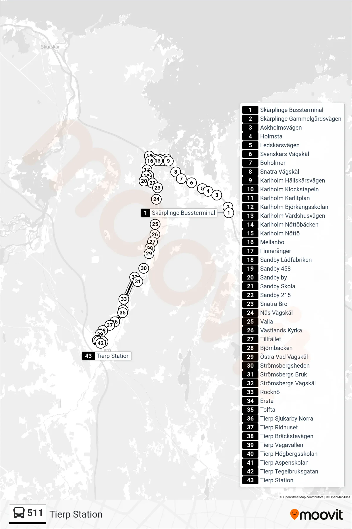 Rutt och hållplatser på karta för linje 511  buss, (Tierp Station)