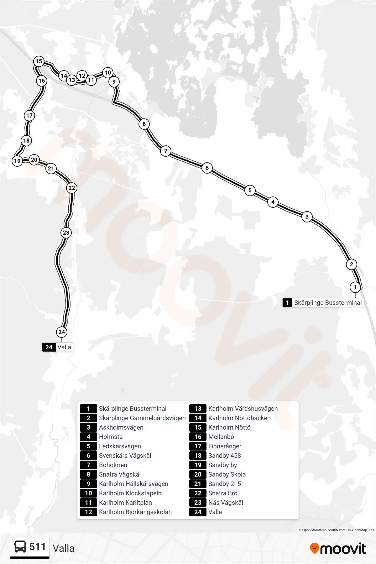Rutt och hållplatser på karta för linje 511 buss, (Valla)