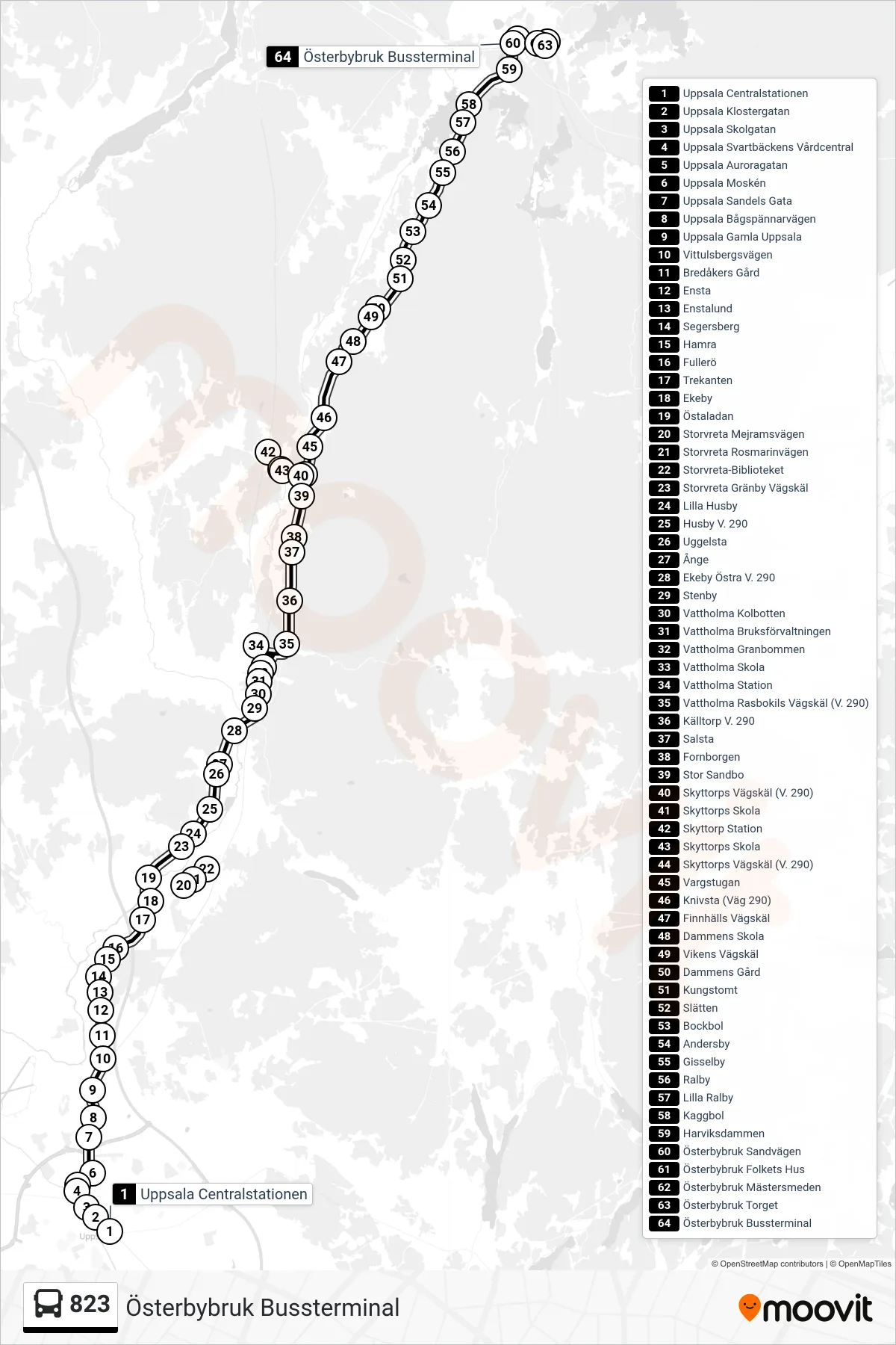 Rutt och hållplatser på karta för linje 823  buss, (Österbybruk Bussterminal)