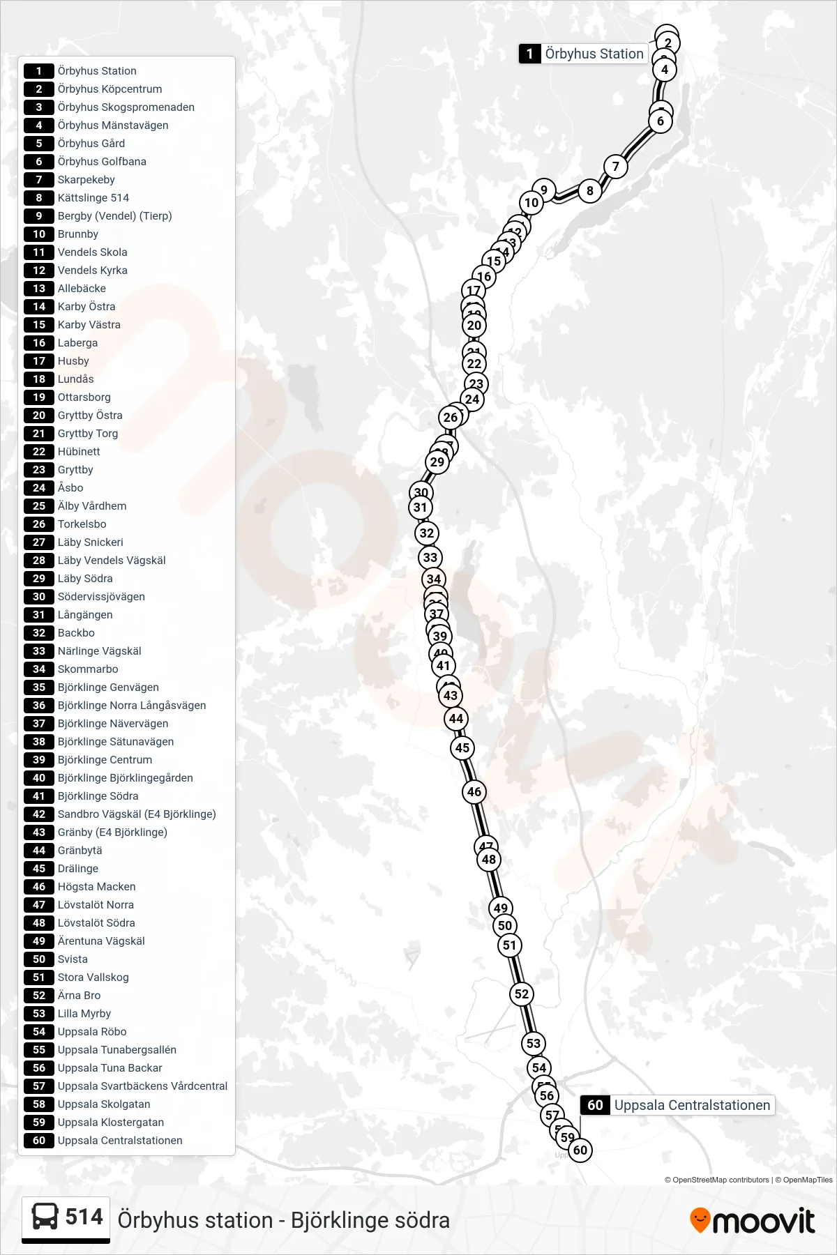 Rutt och hållplatser på karta för linje 514 buss, (Uppsala Centralstationen)