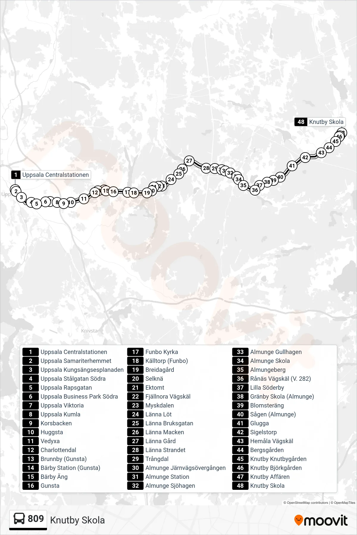Rutt och hållplatser på karta för linje 809  buss, (Knutby Skola)