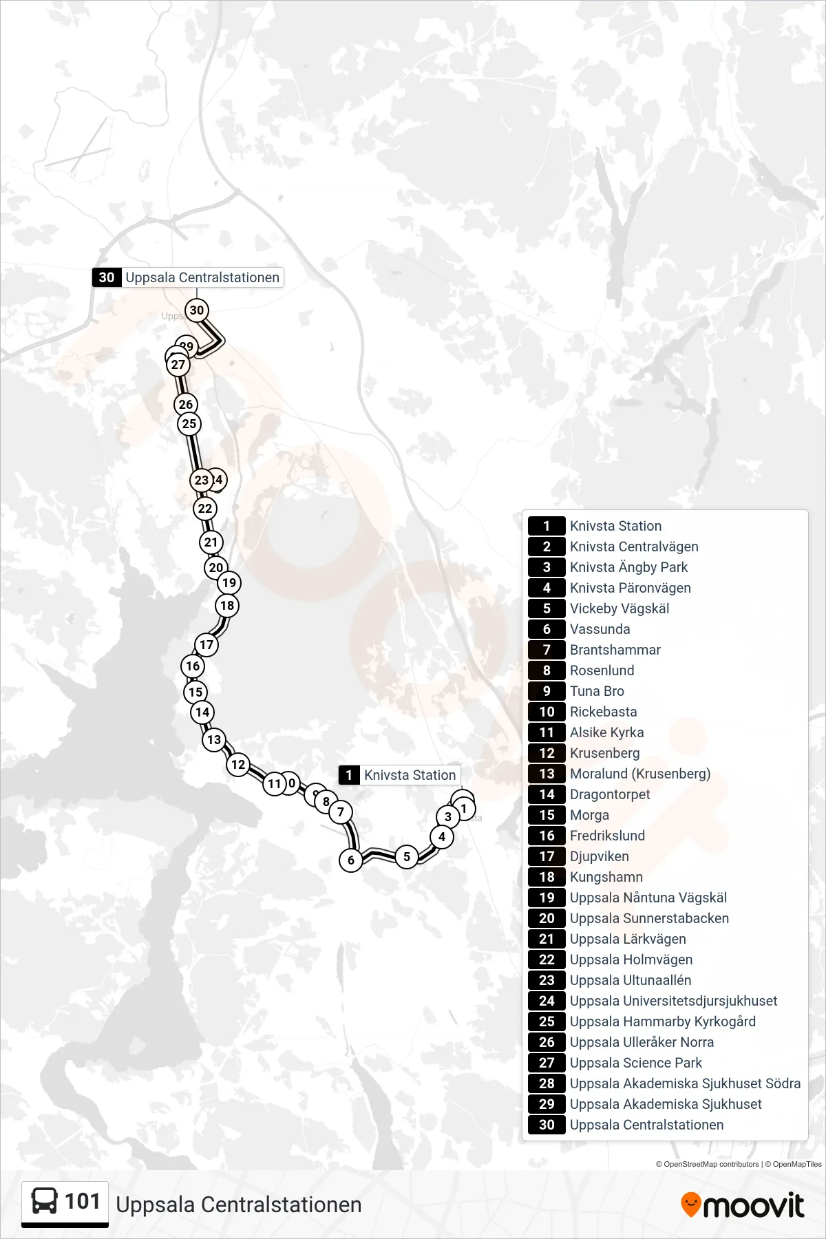 Rutt och hållplatser på karta för linje 101 buss, (Uppsala Centralstationen)