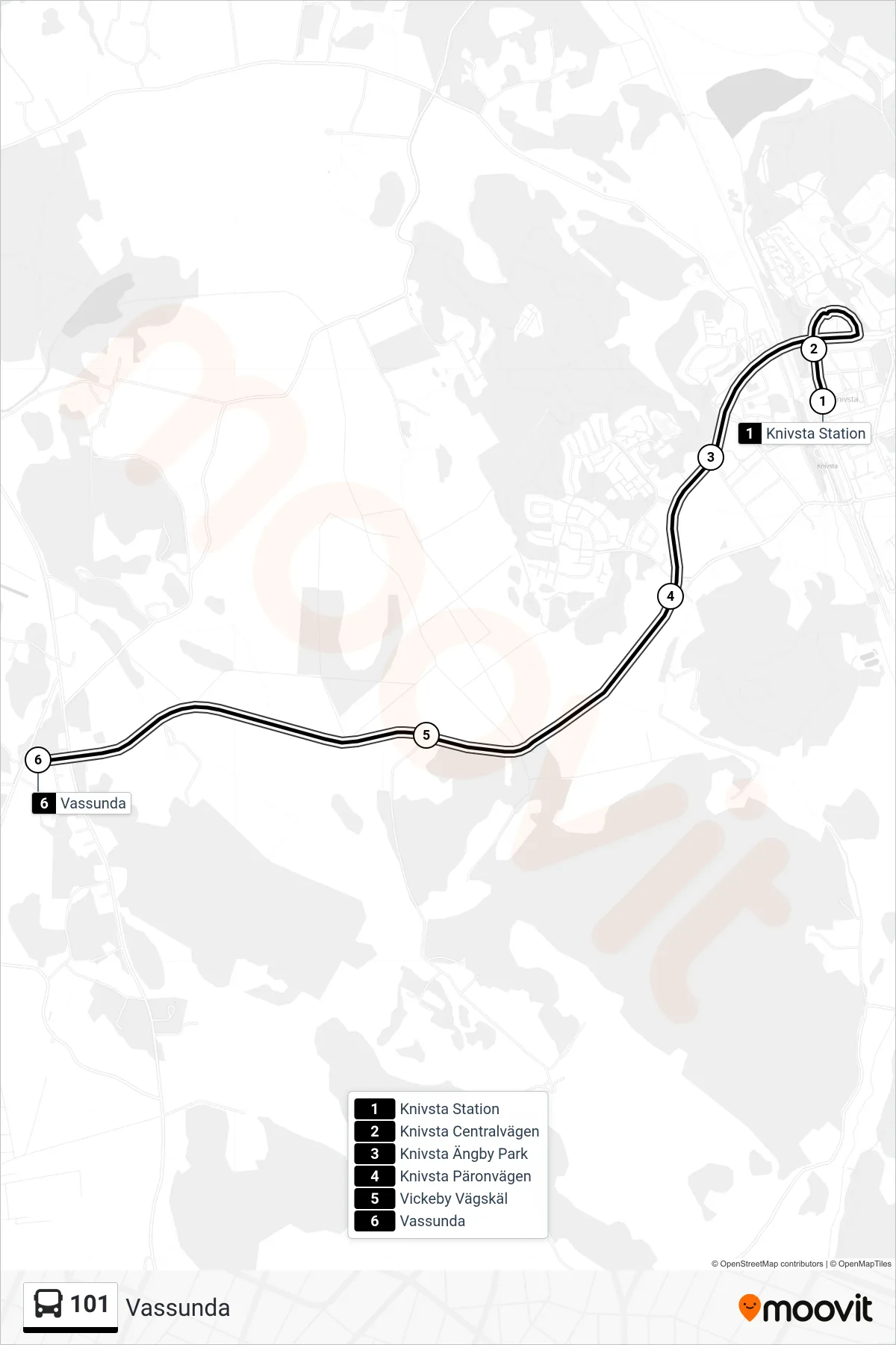 Rutt och hållplatser på karta för linje 101 buss, (Vassunda)