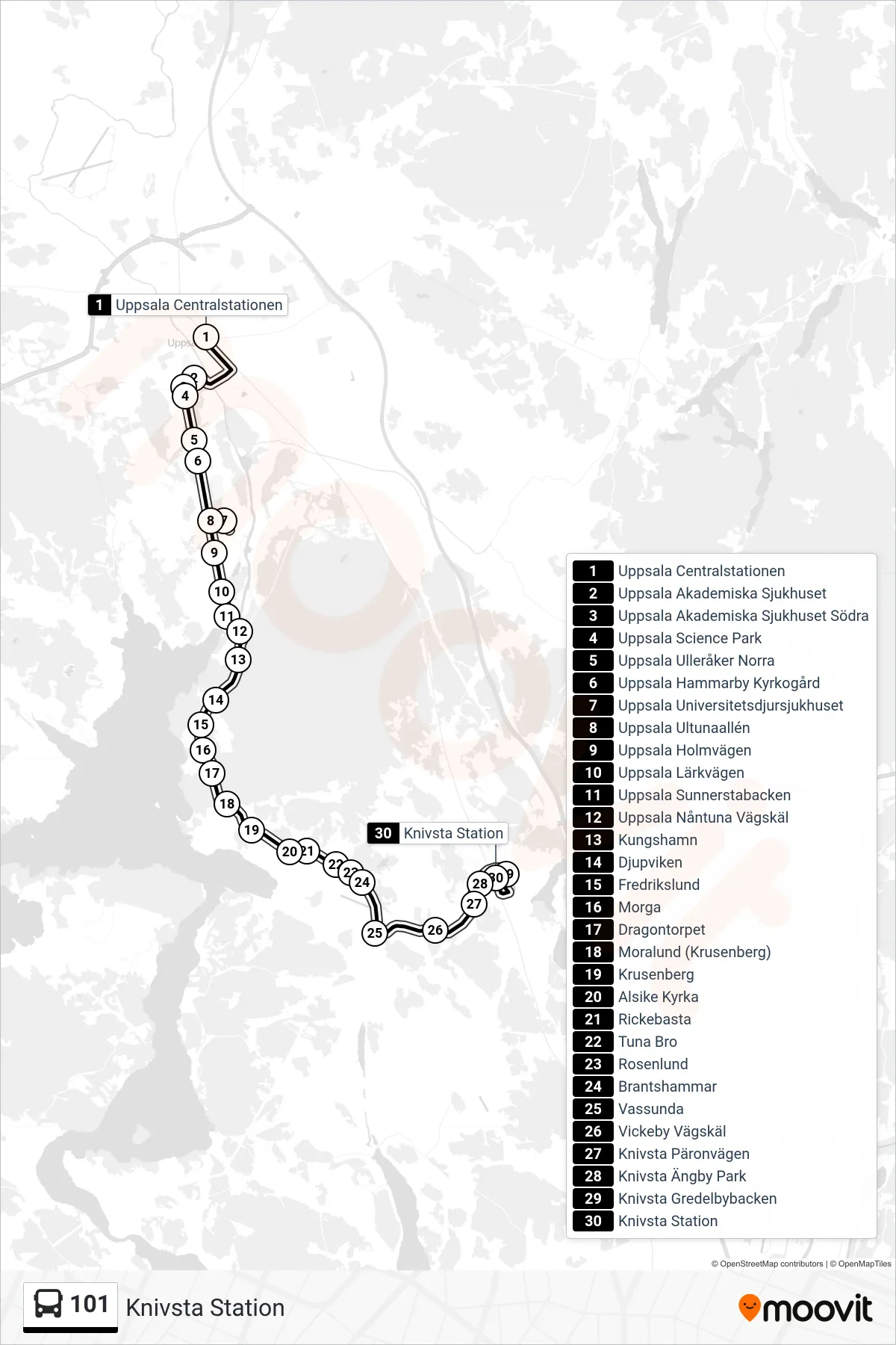 Rutt och hållplatser på karta för linje 101 buss, (Knivsta Station)