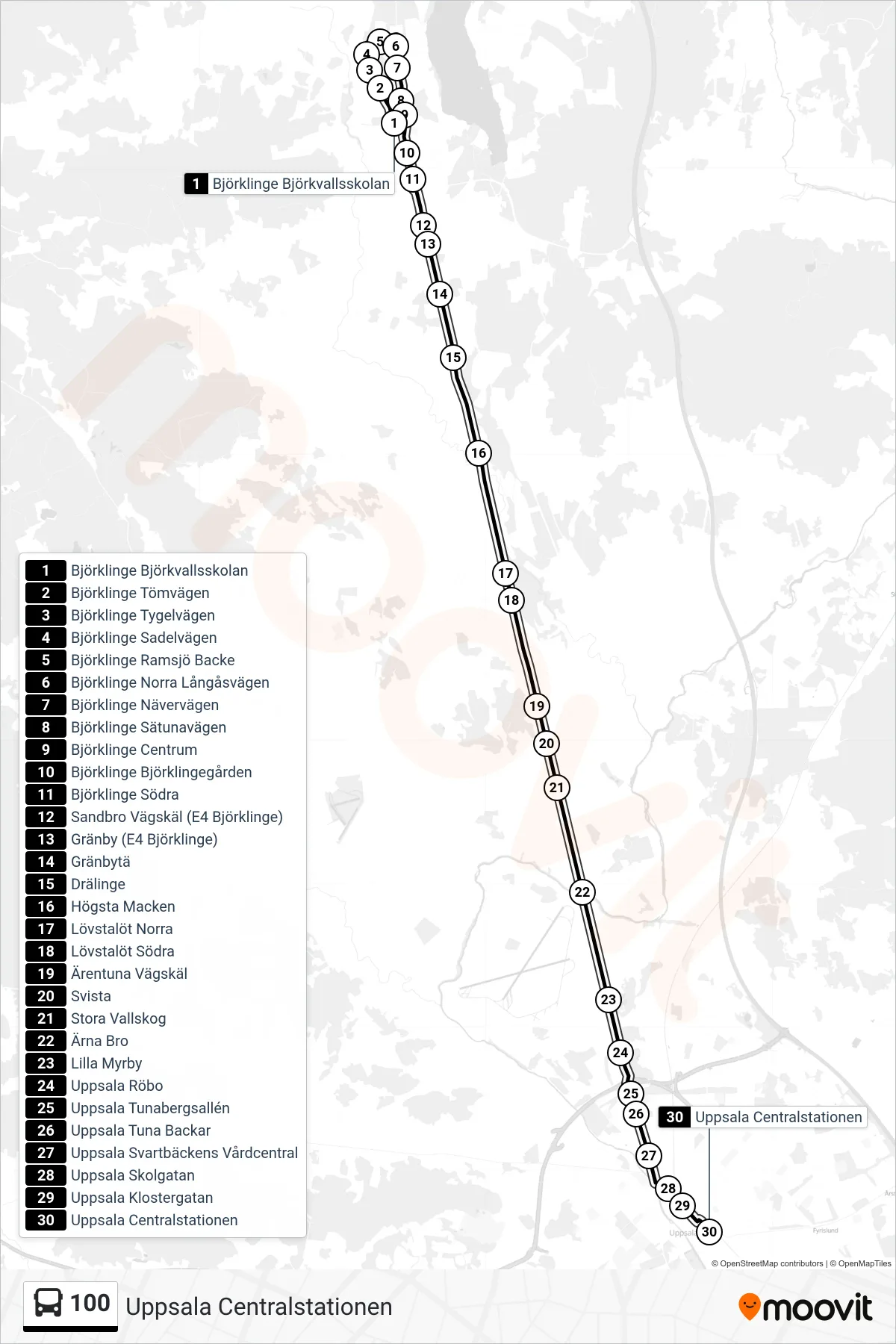 Rutt och hållplatser på karta för linje 100 buss, (Uppsala Centralstationen)