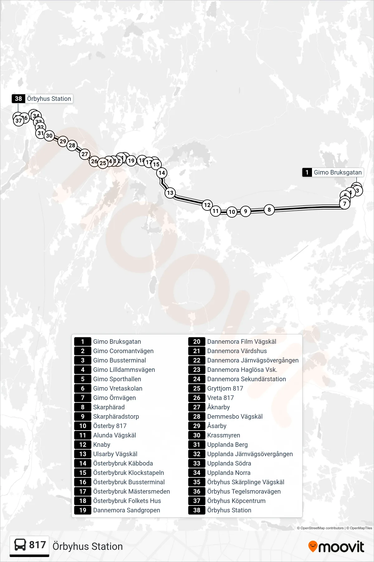 Rutt och hållplatser på karta för linje 817  buss, (Örbyhus Station)