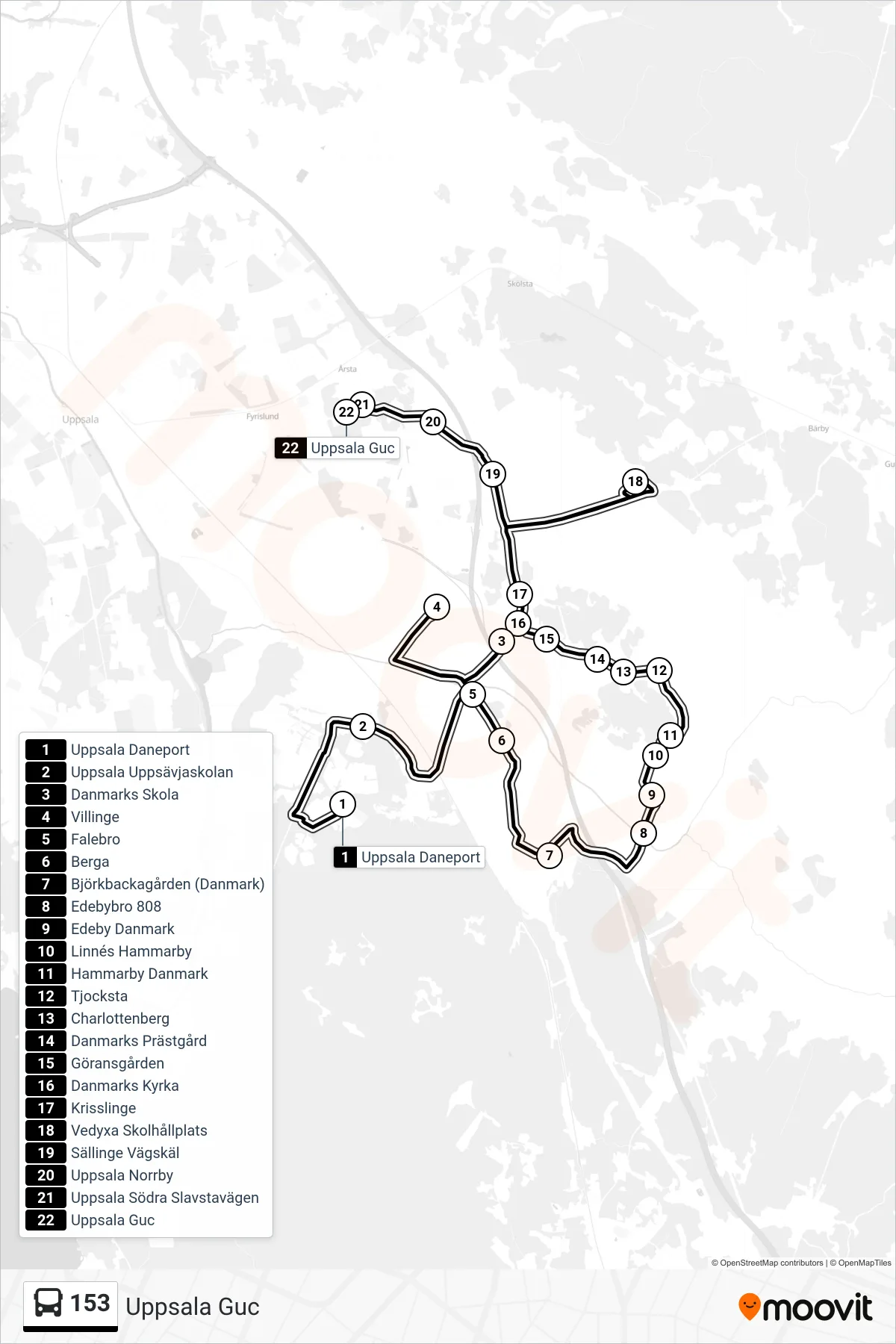 Rutt och hållplatser på karta för linje 153 buss, (Uppsala Guc)
