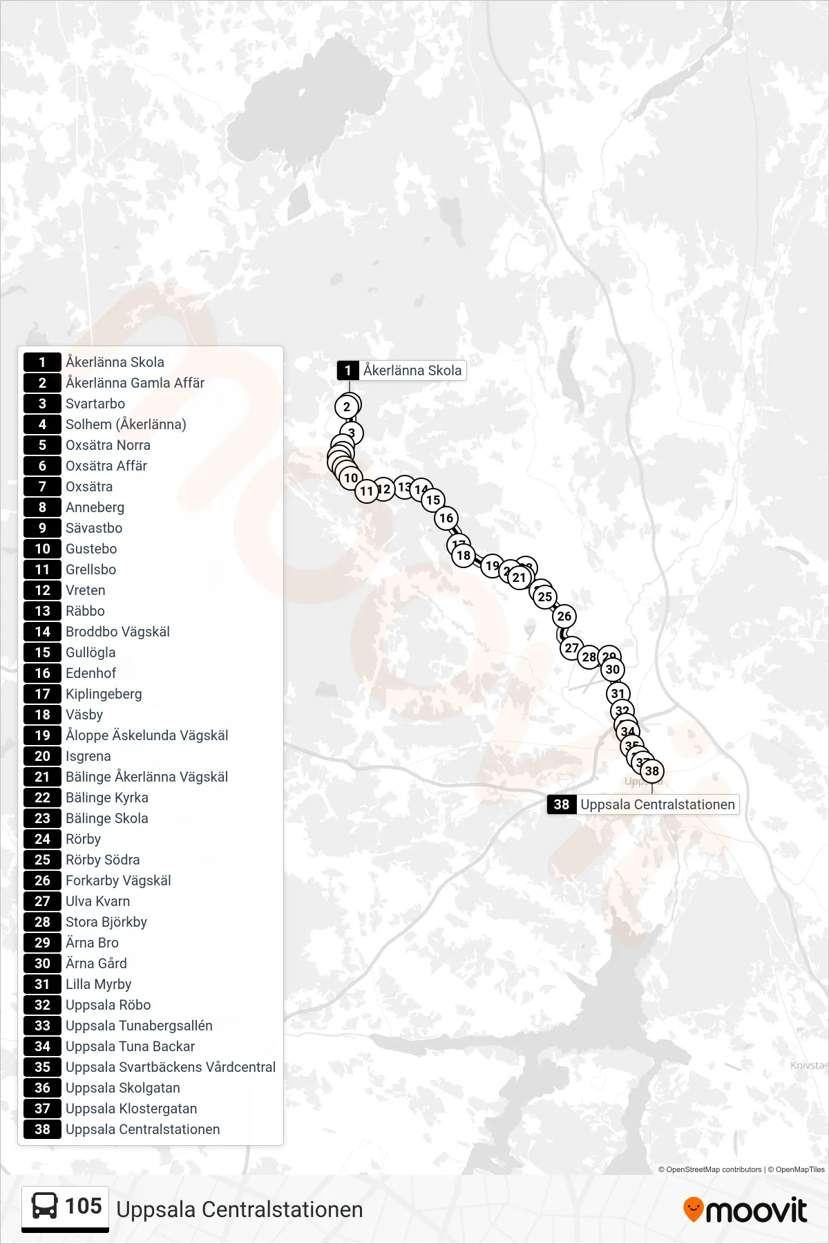 Rutt och hållplatser på karta för linje 105 buss, (Uppsala Centralstationen)