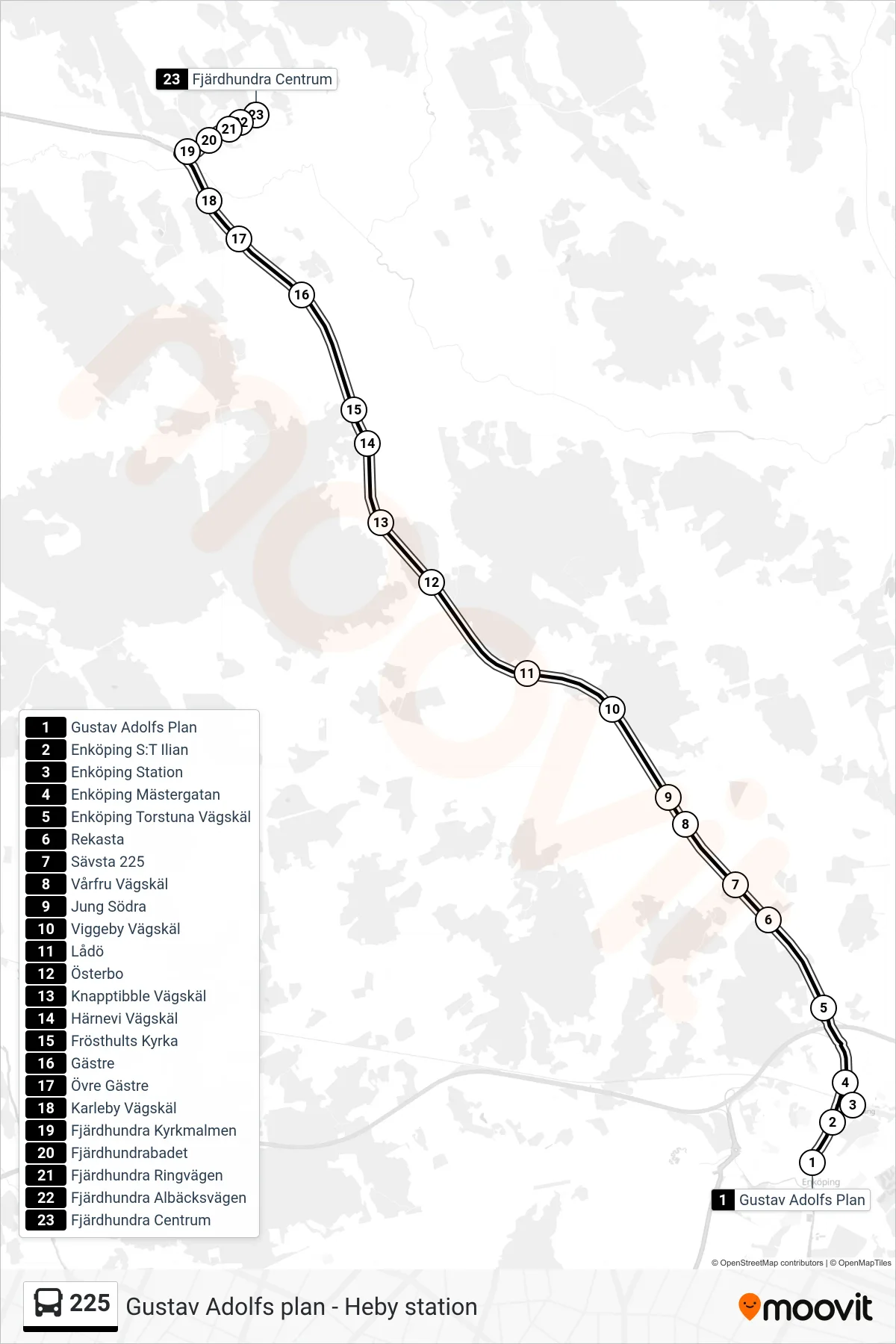 Rutt och hållplatser på karta för linje 225 buss, (Fjärdhundra Centrum)