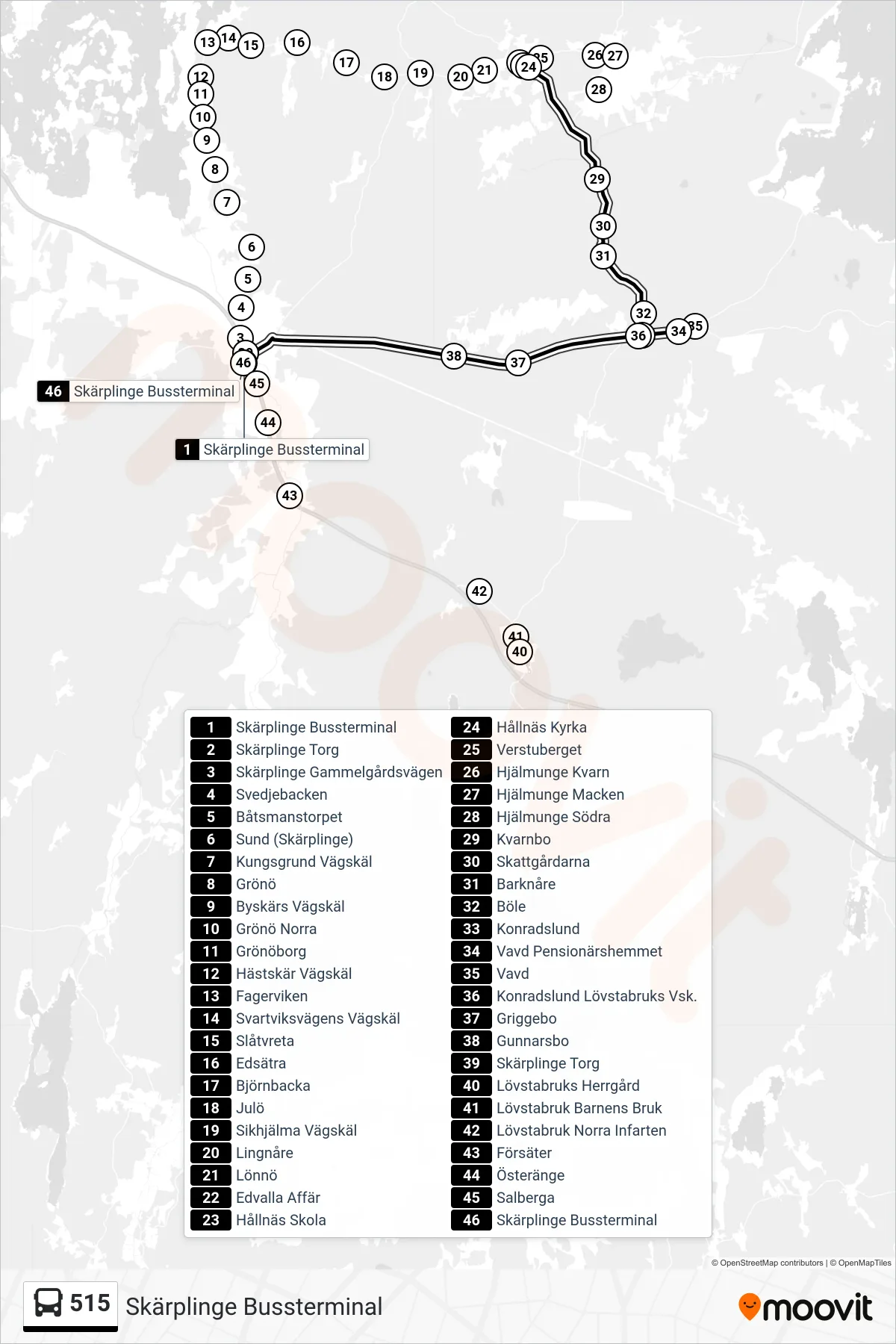 Rutt och hållplatser på karta för linje 515 buss, (Skärplinge Bussterminal)