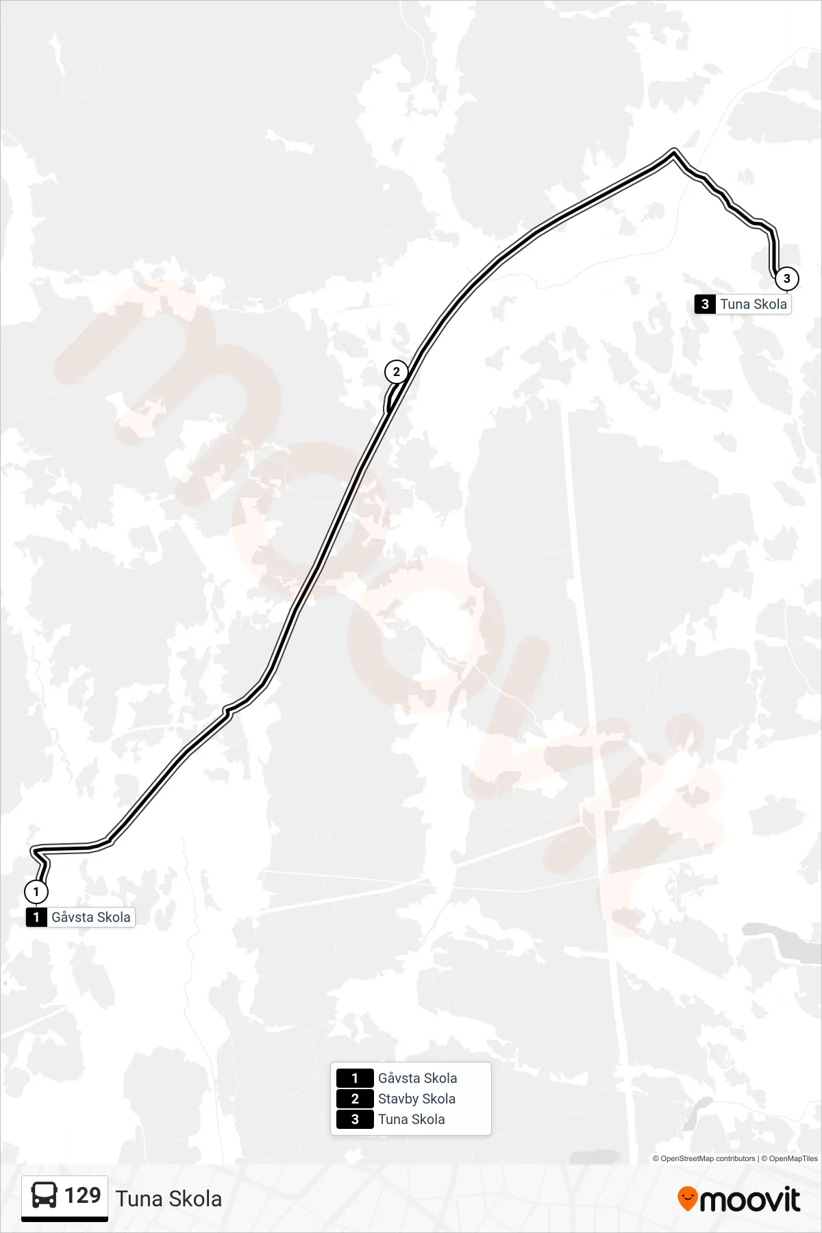 Rutt och hållplatser på karta för linje 129  buss, (Tuna Skola)