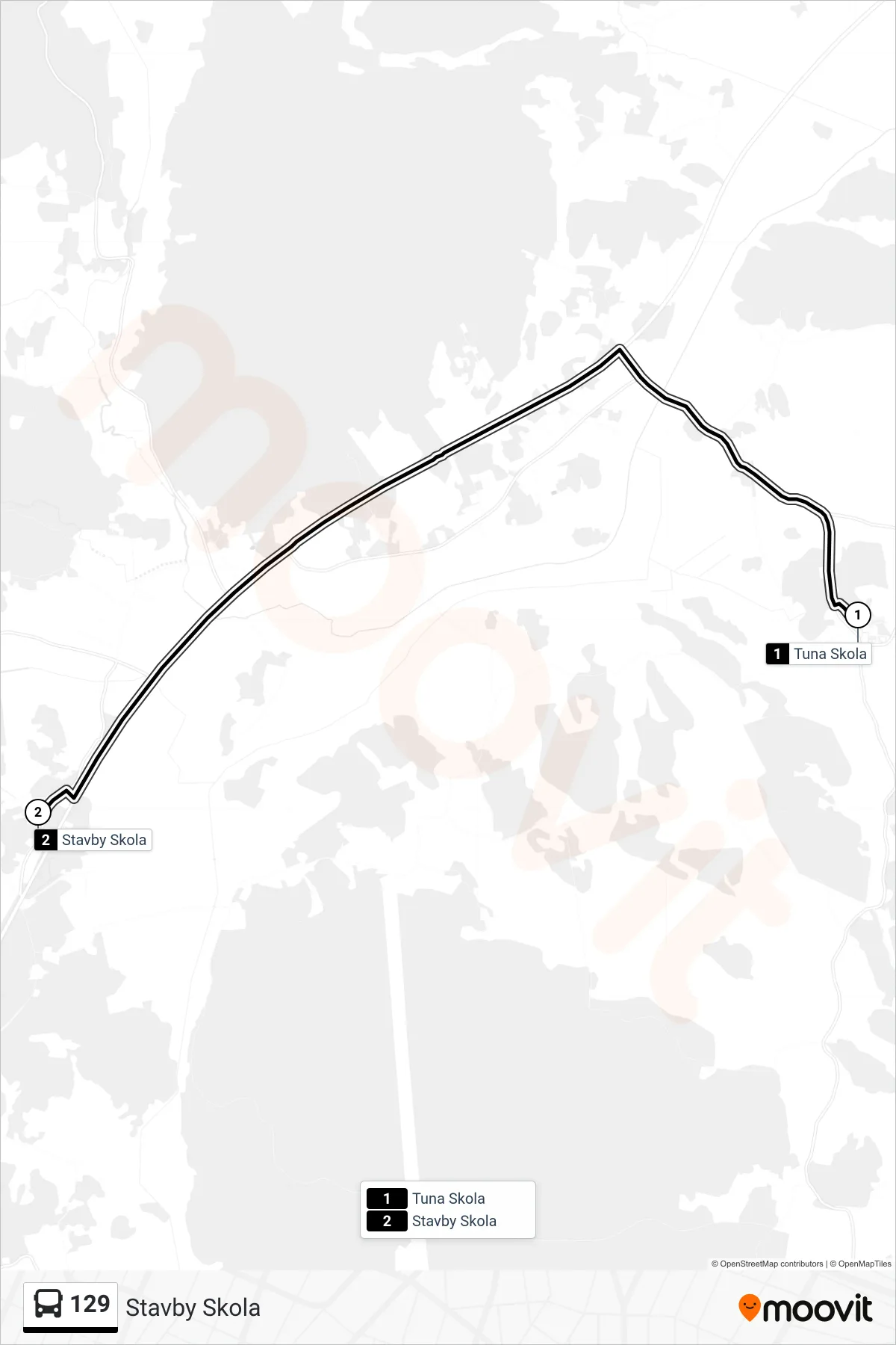 Rutt och hållplatser på karta för linje 129  buss, (Stavby Skola)