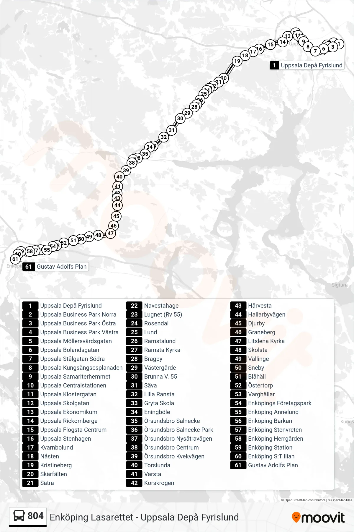 Rutt och hållplatser på karta för linje 804 buss, (Gustav Adolfs Plan)