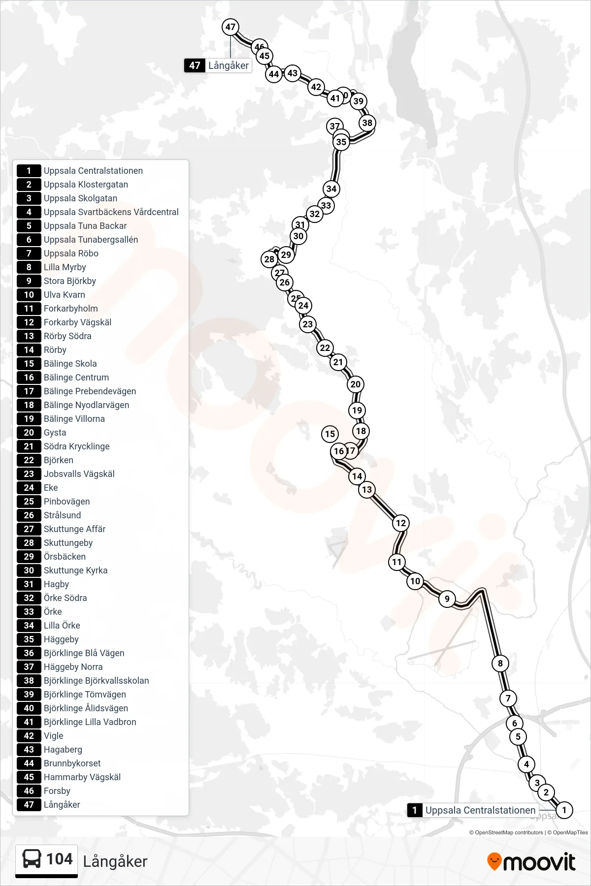 Rutt och hållplatser på karta för linje 104  buss, (Långåker)