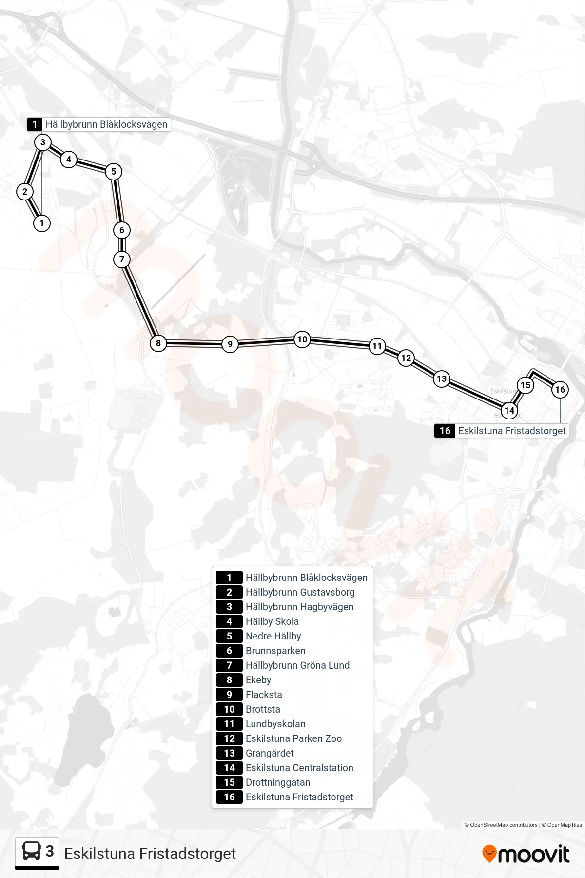 Rutt och hållplatser på karta för linje 3  buss, (Eskilstuna Fristadstorget)