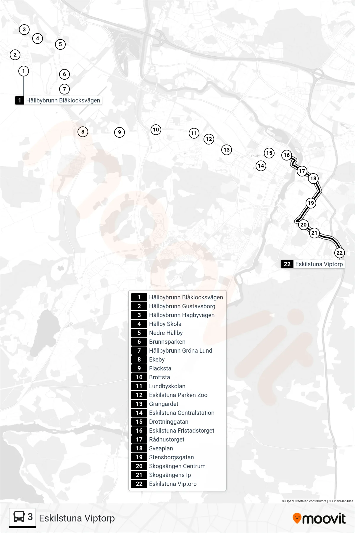 Rutt och hållplatser på karta för linje 3 buss, (Eskilstuna Viptorp)