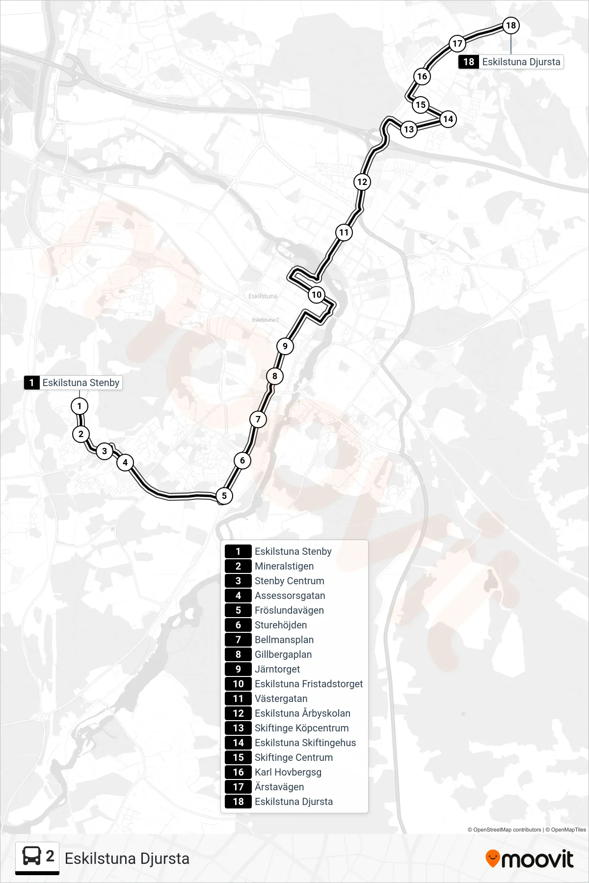 Rutt och hållplatser på karta för linje 2 buss, (Eskilstuna Djursta)