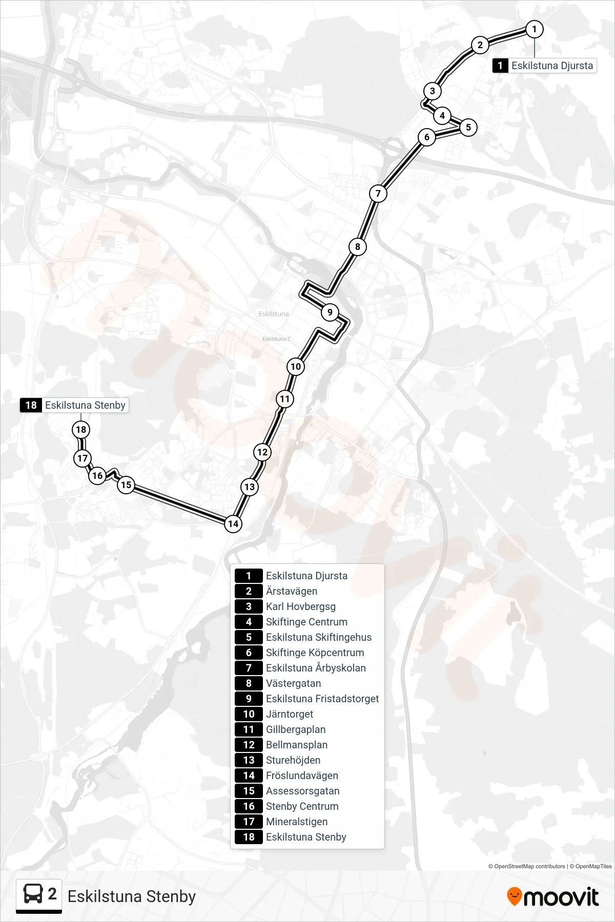 Rutt och hållplatser på karta för linje 2 buss, (Eskilstuna Stenby)
