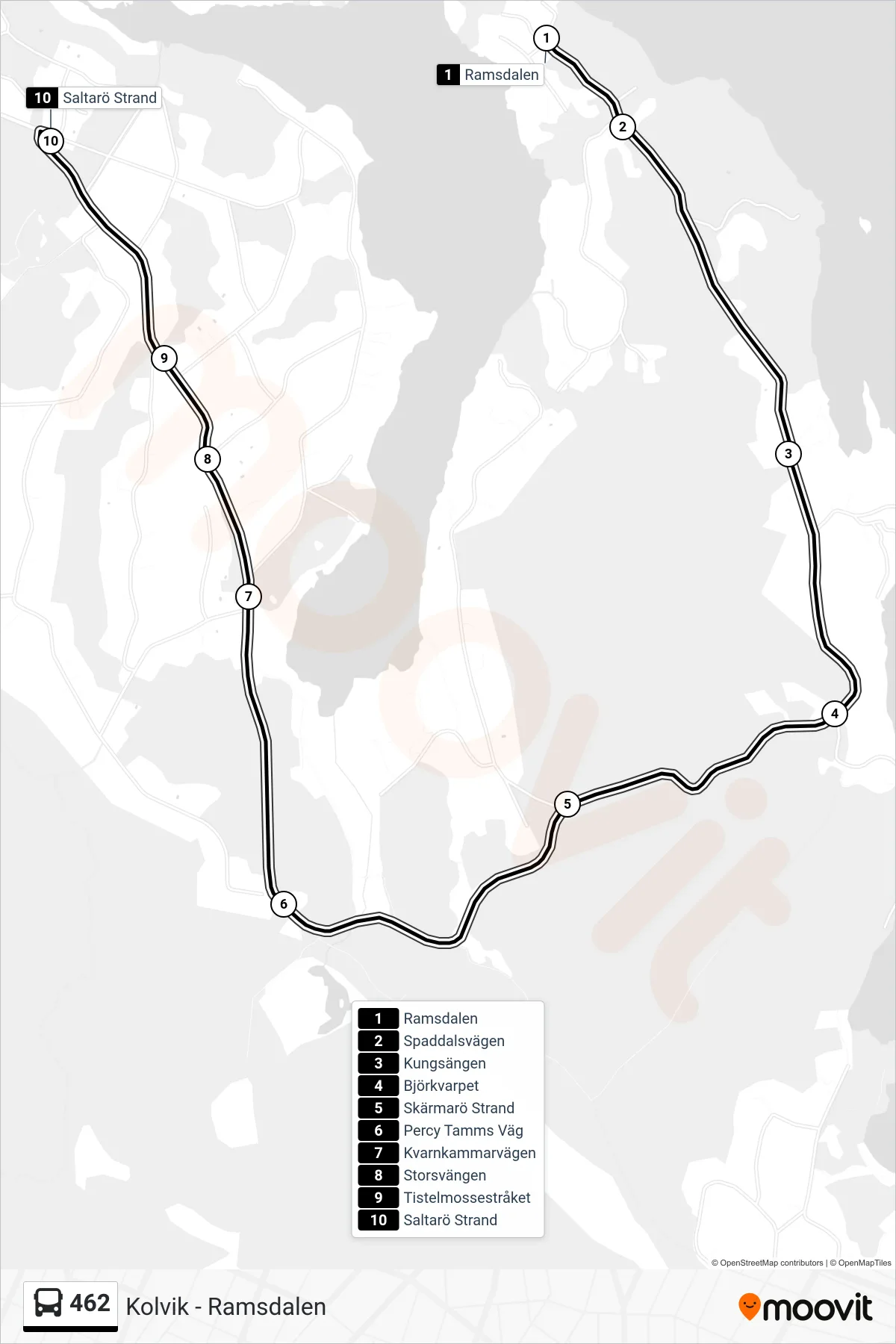Rutt och hållplatser på karta för linje 462 buss, (Saltarö Strand)