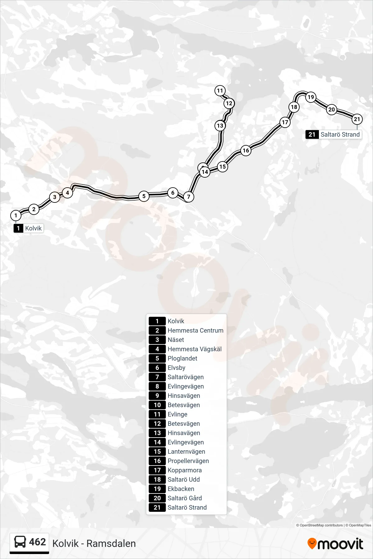 Rutt och hållplatser på karta för linje 462 buss, (Saltarö Strand)