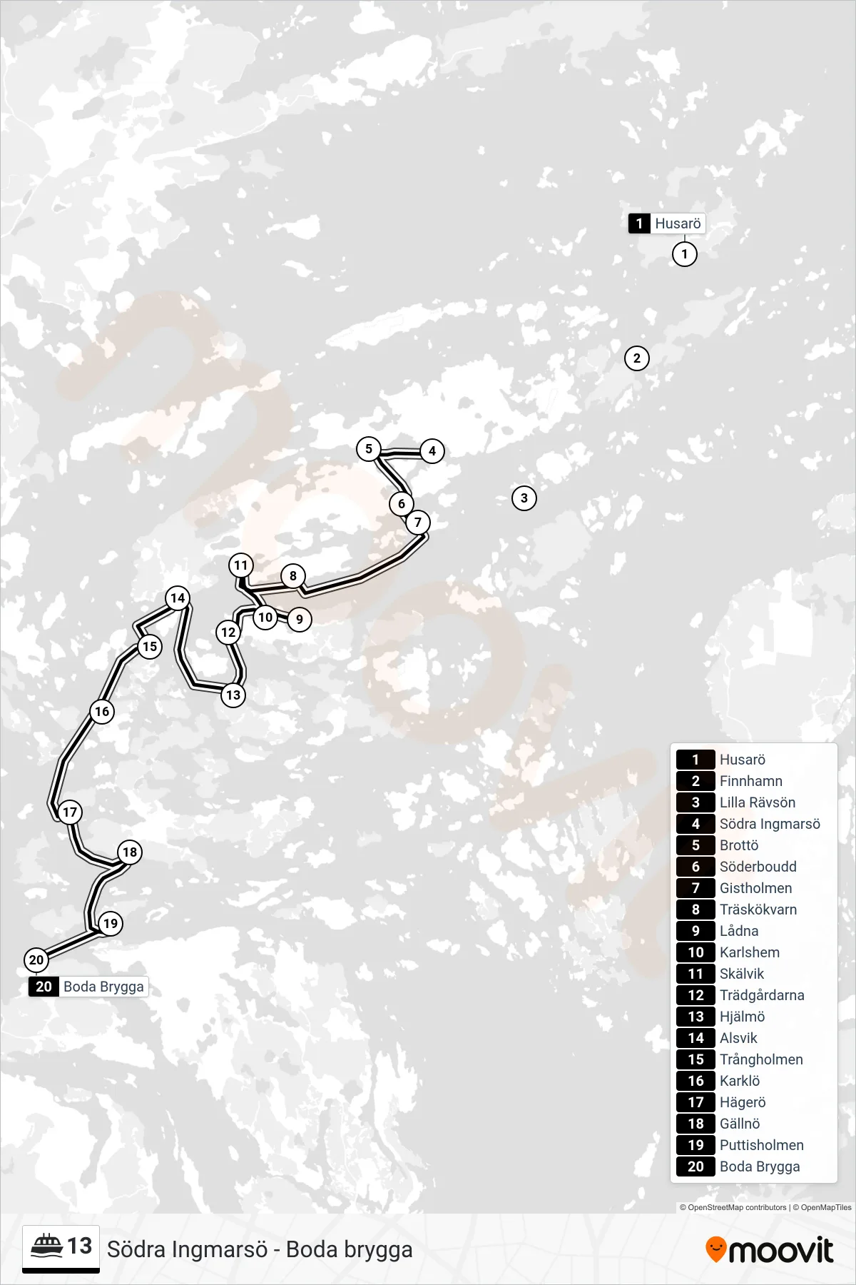 Rutt och hållplatser på karta för linje 13  färja, (Boda Brygga)