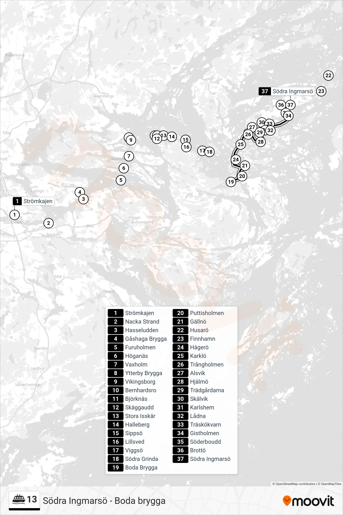 Rutt och hållplatser på karta för linje 13  färja, (Södra Ingmarsö)