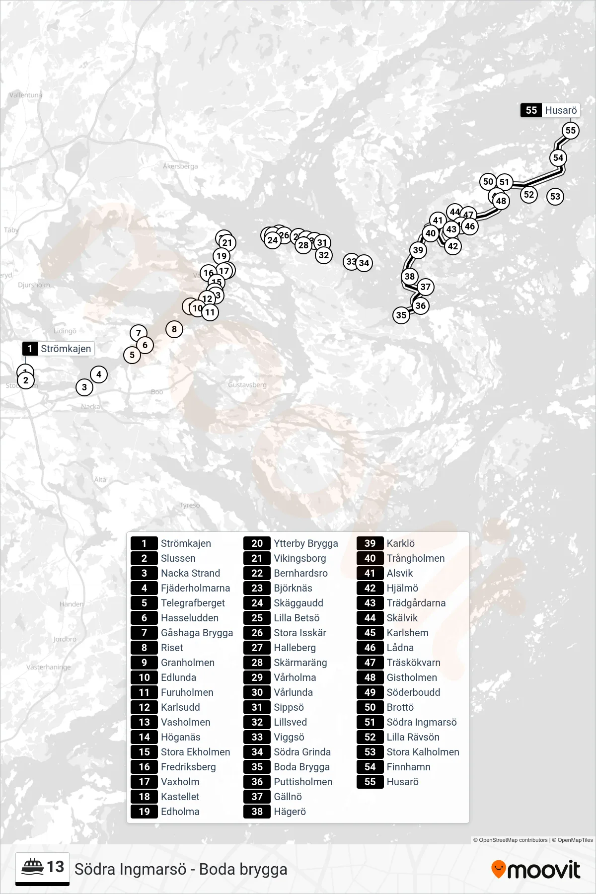 Rutt och hållplatser på karta för linje 13 färja, (Husarö)