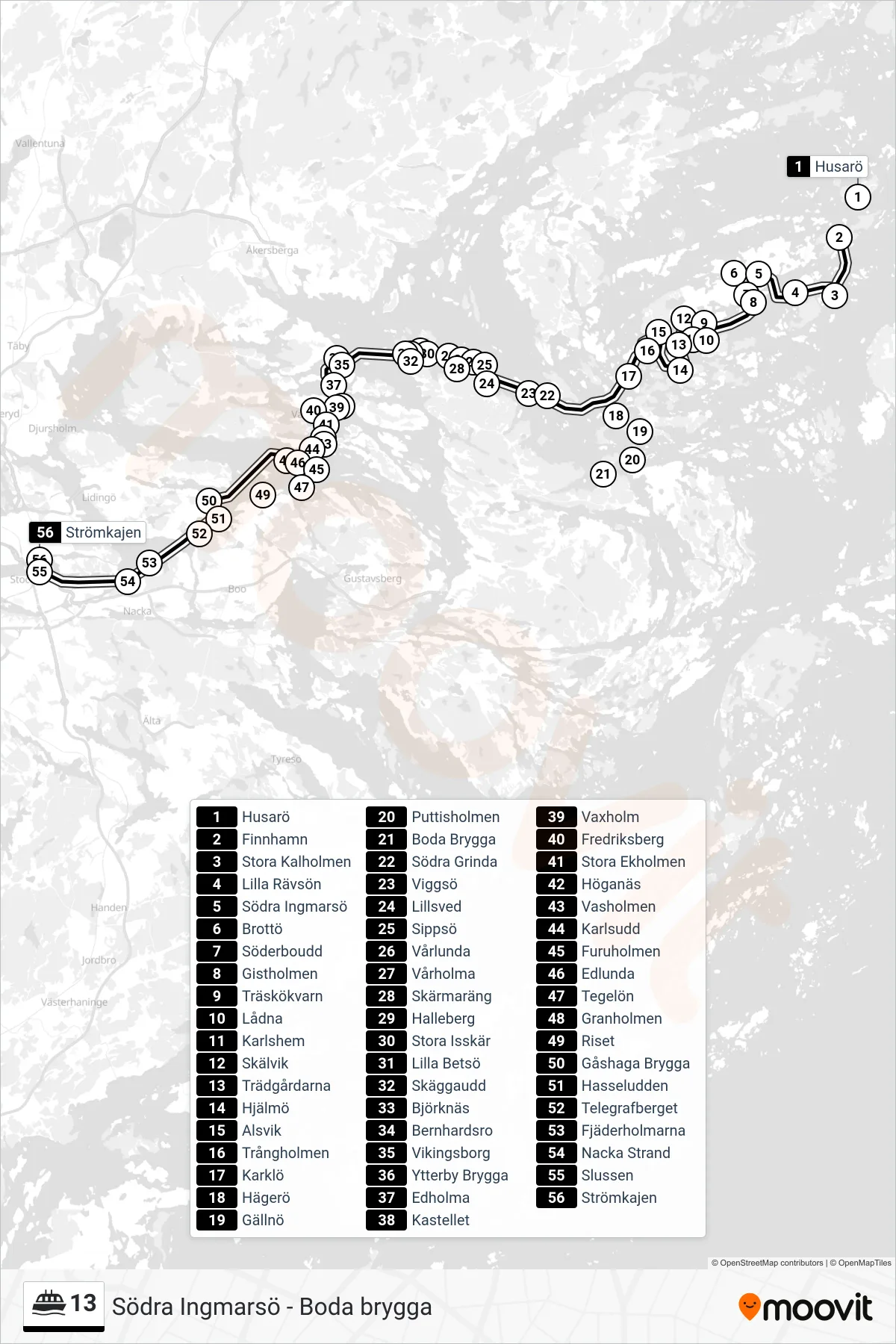 Rutt och hållplatser på karta för linje 13 färja, (Strömkajen)