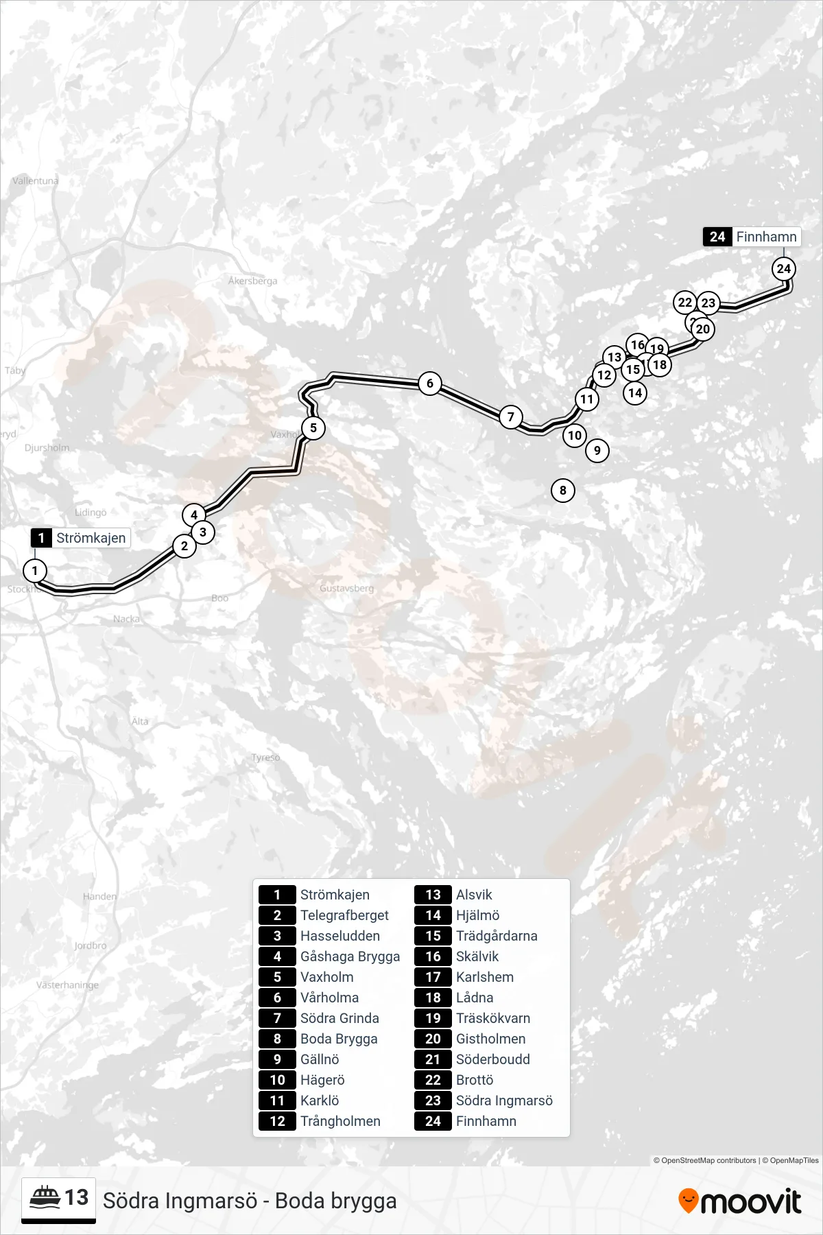 Rutt och hållplatser på karta för linje 13 färja, (Finnhamn)