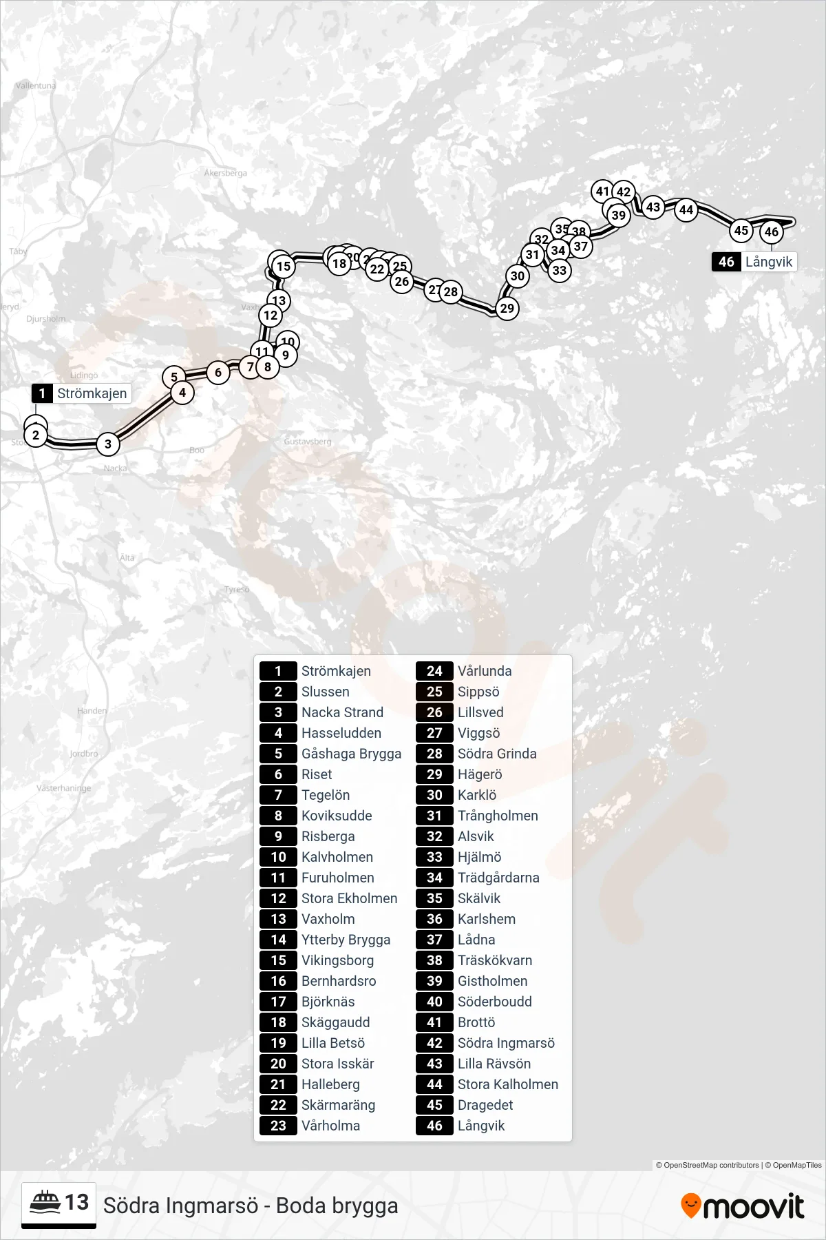 Rutt och hållplatser på karta för linje 13 färja, (Långvik)