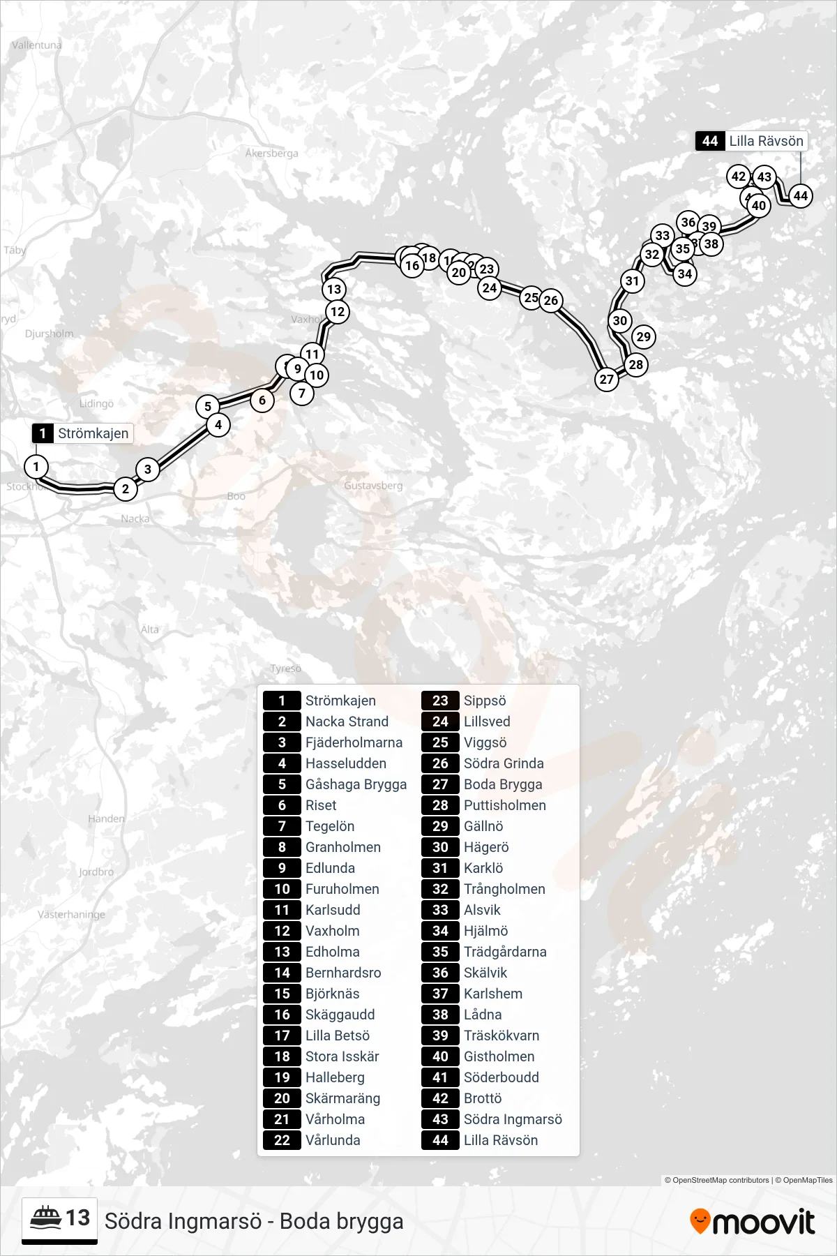 Rutt och hållplatser på karta för linje 13 färja, (Lilla Rävsön)