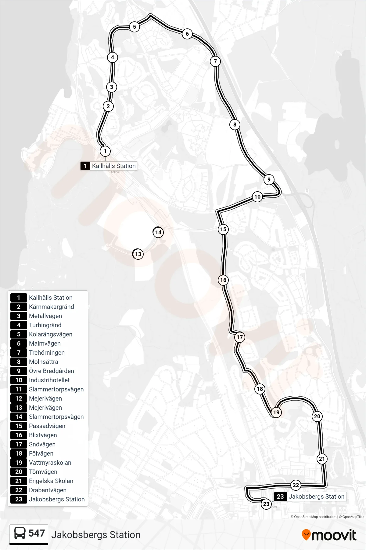 Rutt och hållplatser på karta för linje 547  buss, (Jakobsbergs Station)
