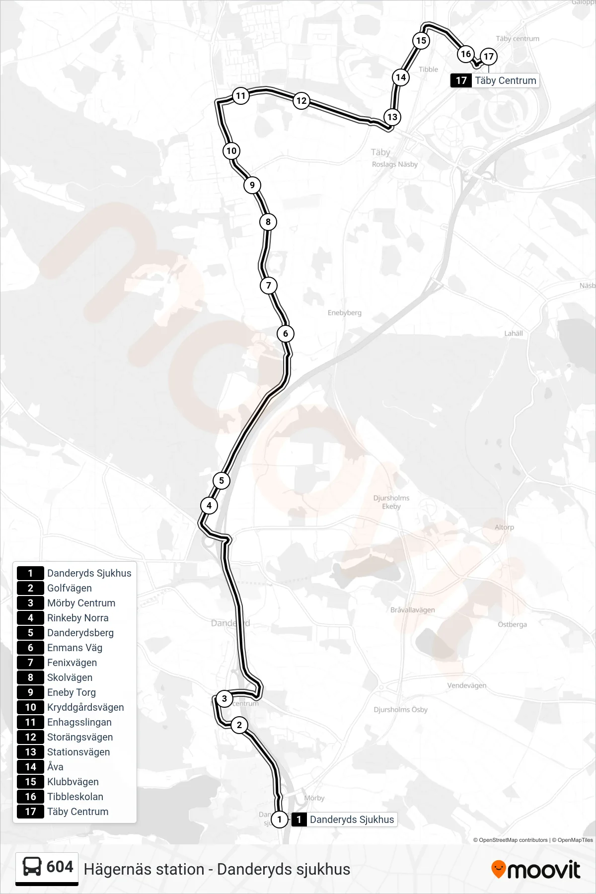 Rutt och hållplatser på karta för linje 604 buss, (Täby Centrum)