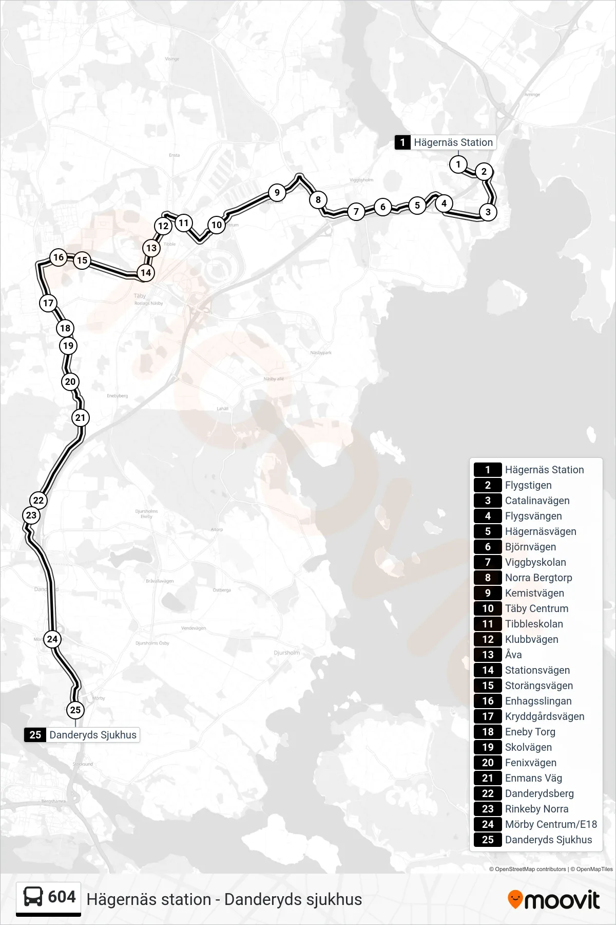 Rutt och hållplatser på karta för linje 604 buss, (Danderyds Sjukhus)