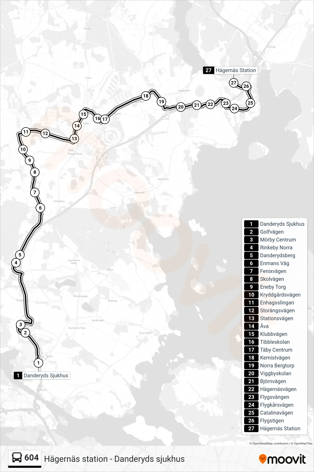 Rutt och hållplatser på karta för linje 604 buss, (Hägernäs Station)