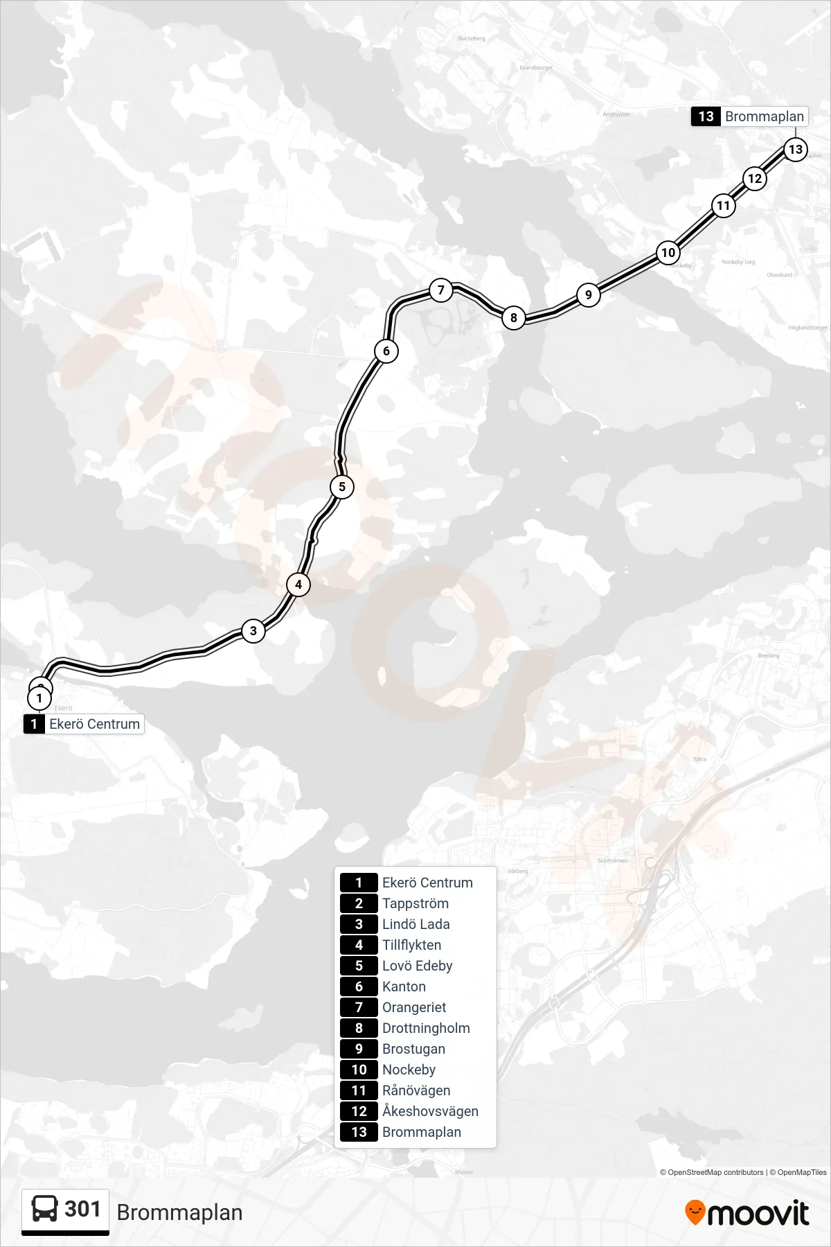 Rutt och hållplatser på karta för linje 301  buss, (Brommaplan)