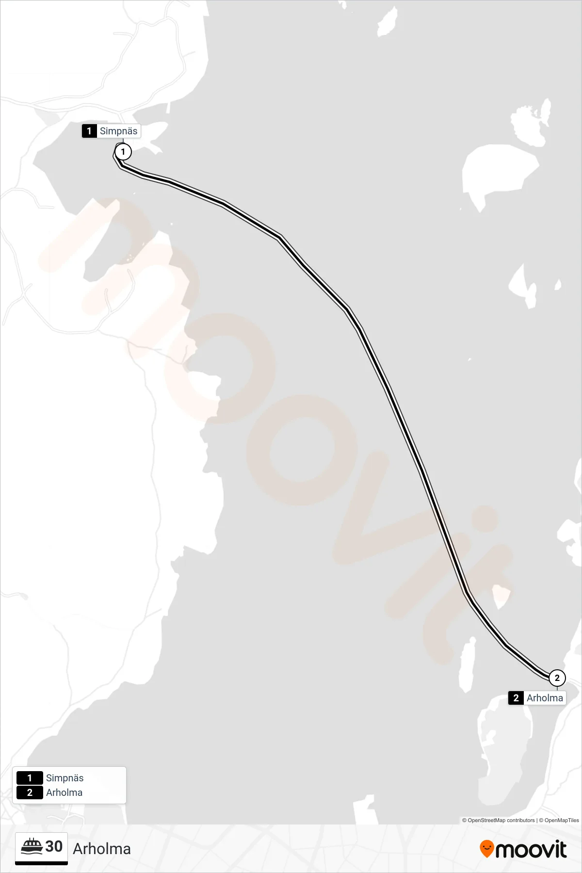 Rutt och hållplatser på karta för linje 30 färja, (Arholma)
