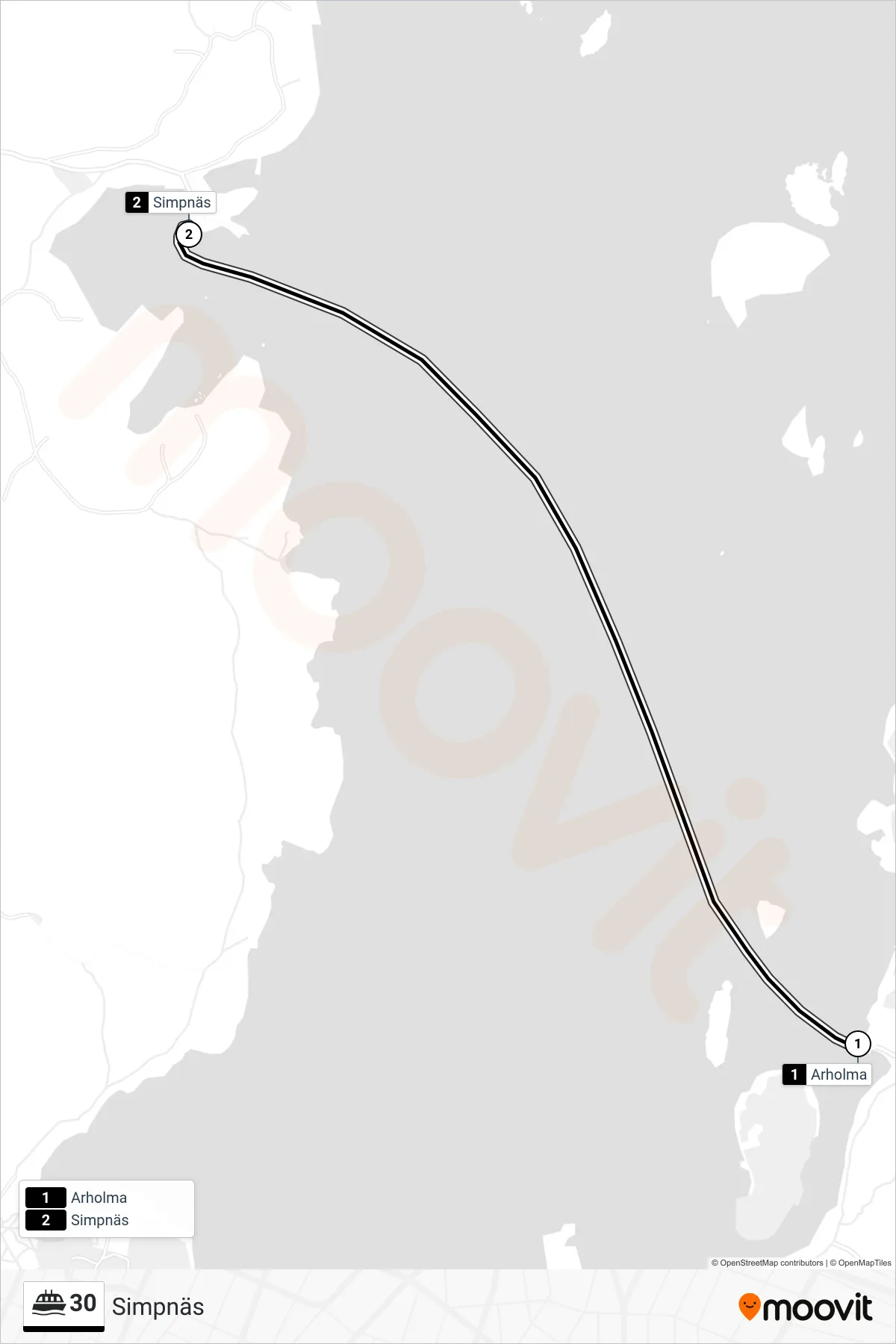 Rutt och hållplatser på karta för linje 30 färja, (Simpnäs)
