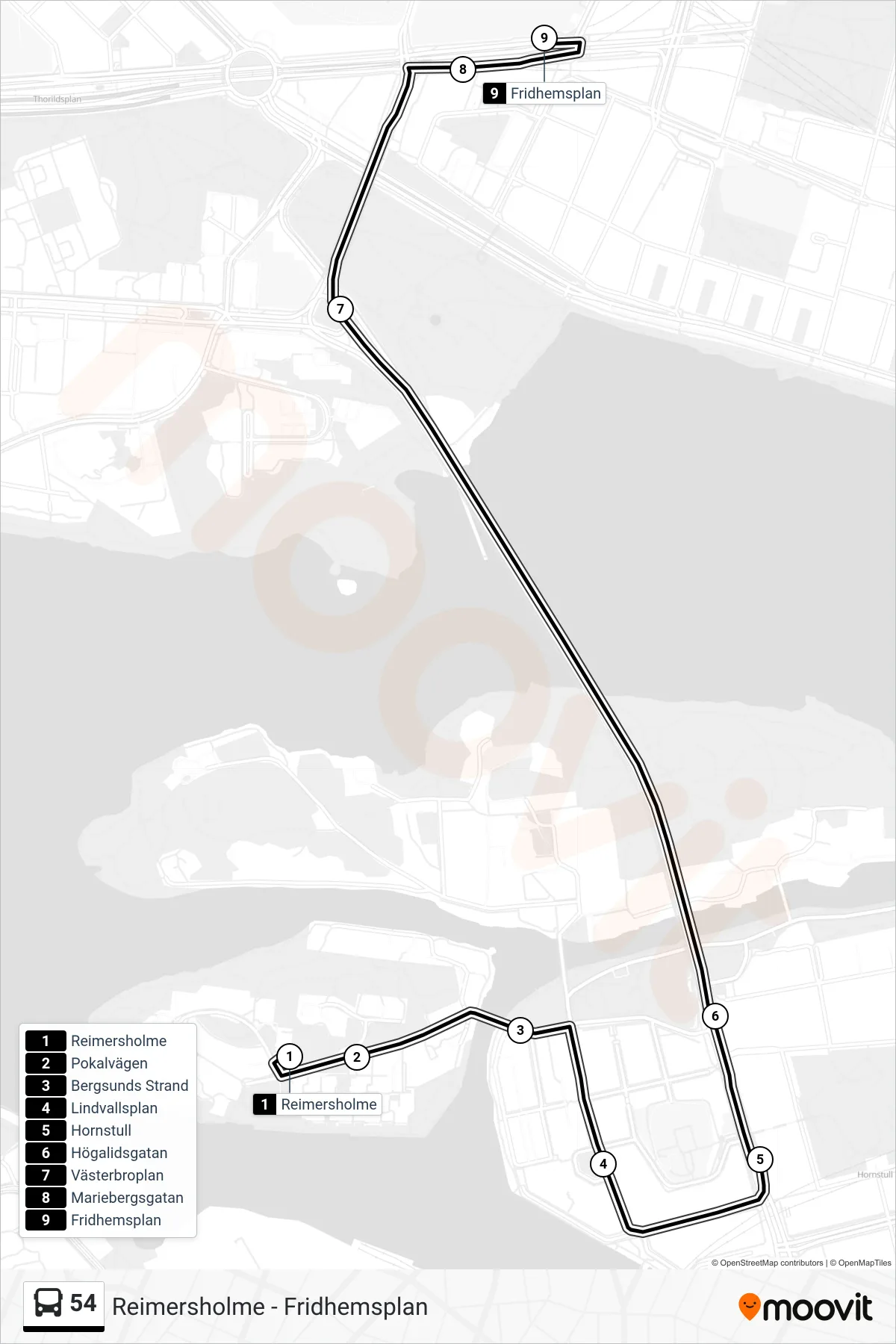 Rutt och hållplatser på karta för linje 54  buss, (Fridhemsplan)