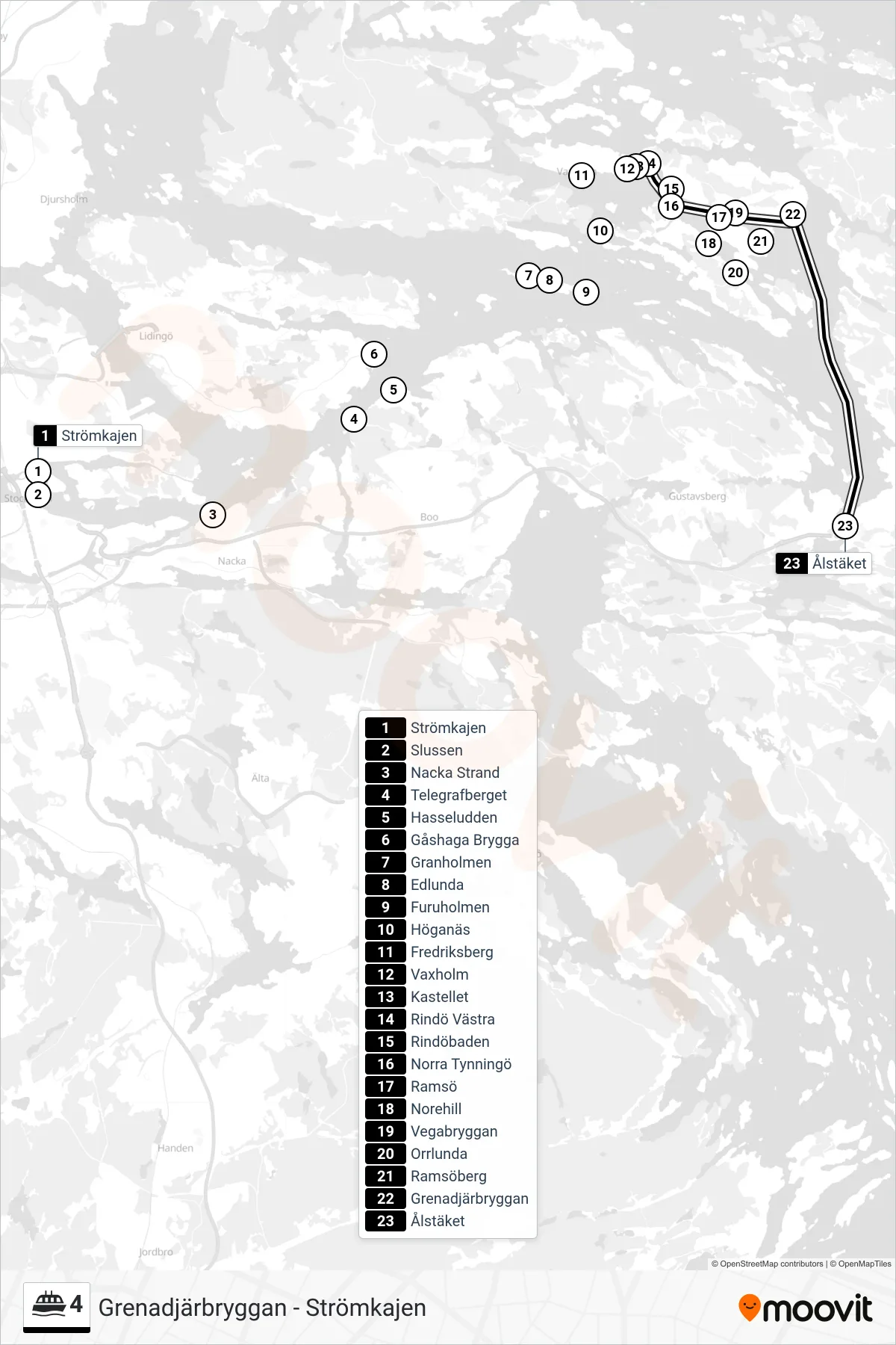 Rutt och hållplatser på karta för linje 4 färja, (Ålstäket)