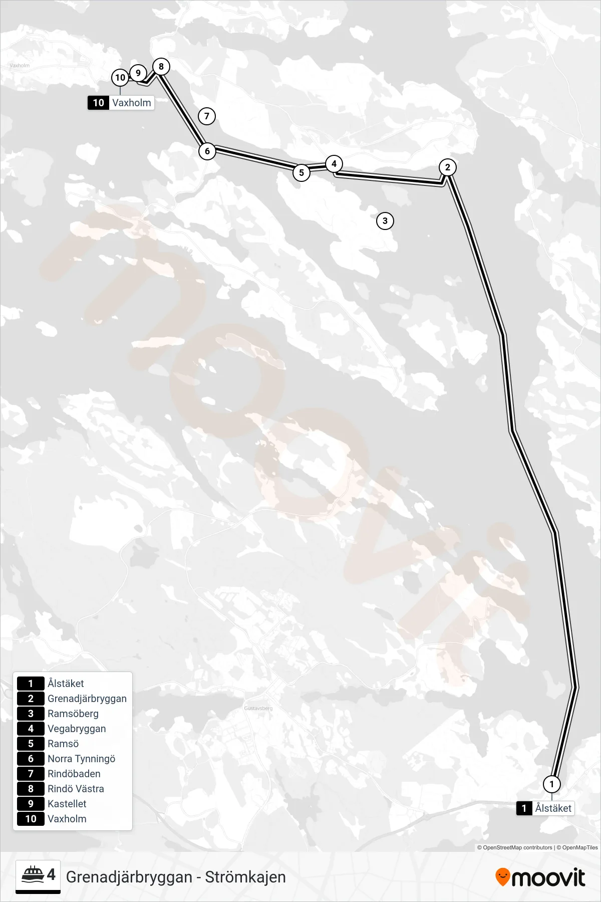Rutt och hållplatser på karta för linje 4 färja, (Vaxholm)