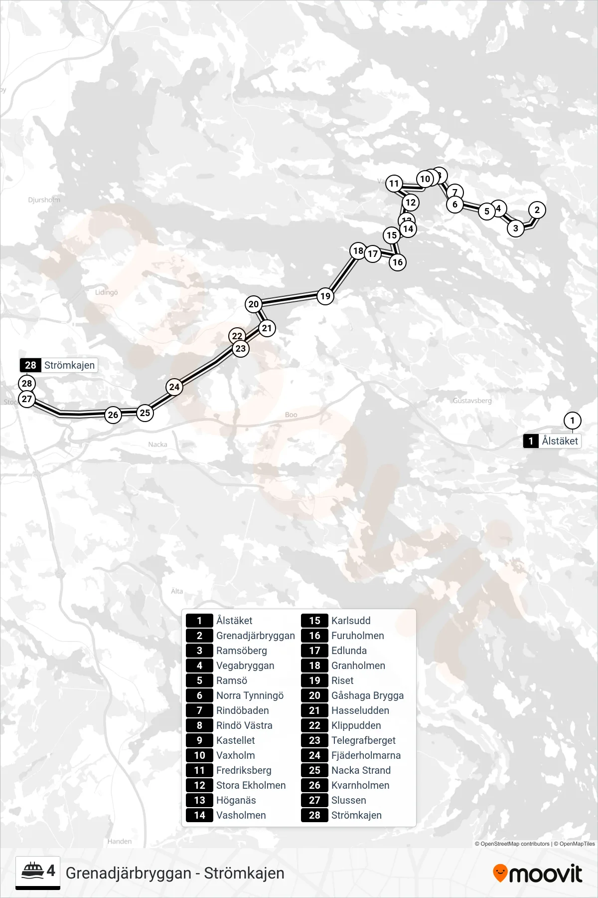 Rutt och hållplatser på karta för linje 4 färja, (Strömkajen)