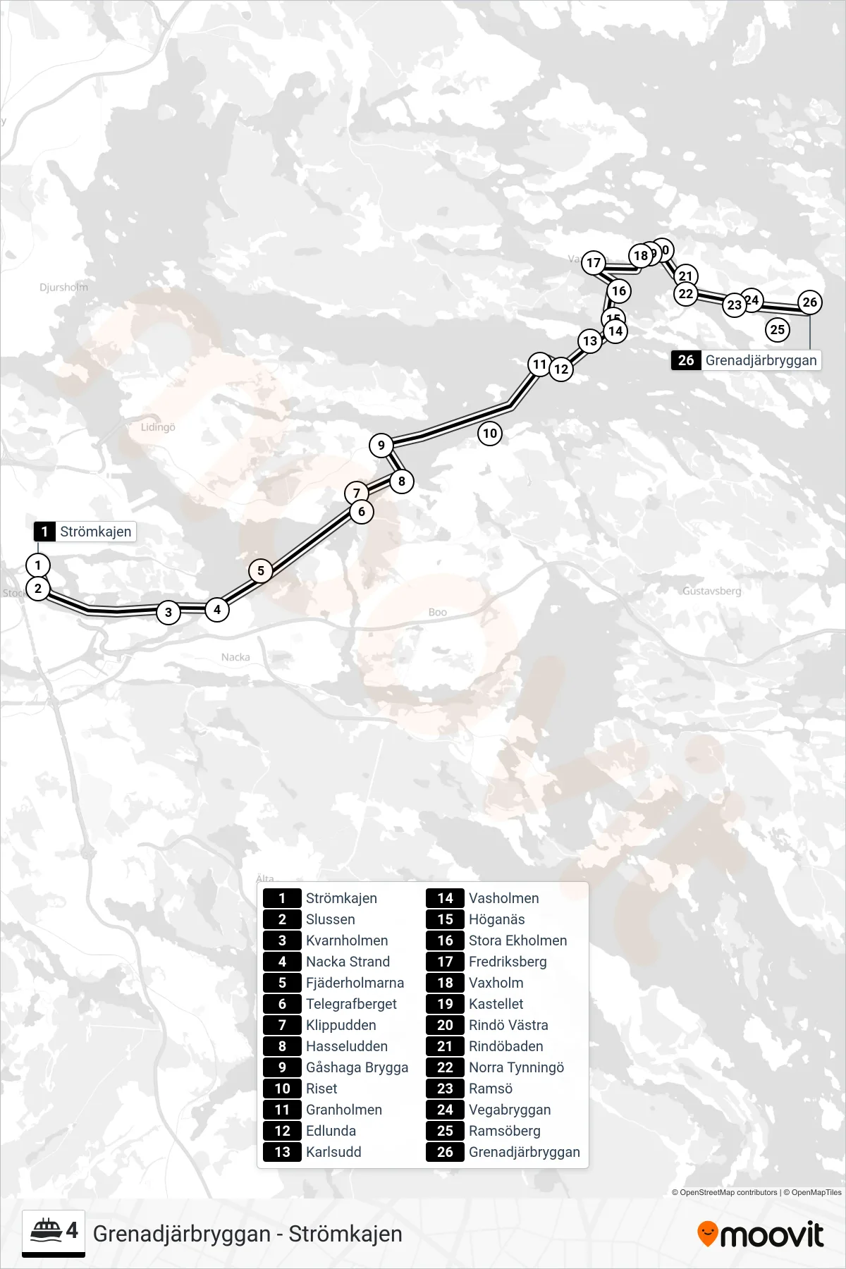 Rutt och hållplatser på karta för linje 4 färja, (Grenadjärbryggan)