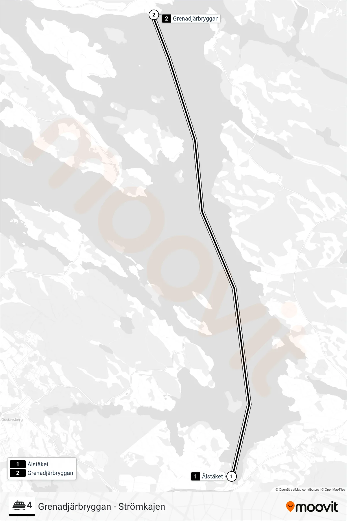 Rutt och hållplatser på karta för linje 4  färja, (Grenadjärbryggan)