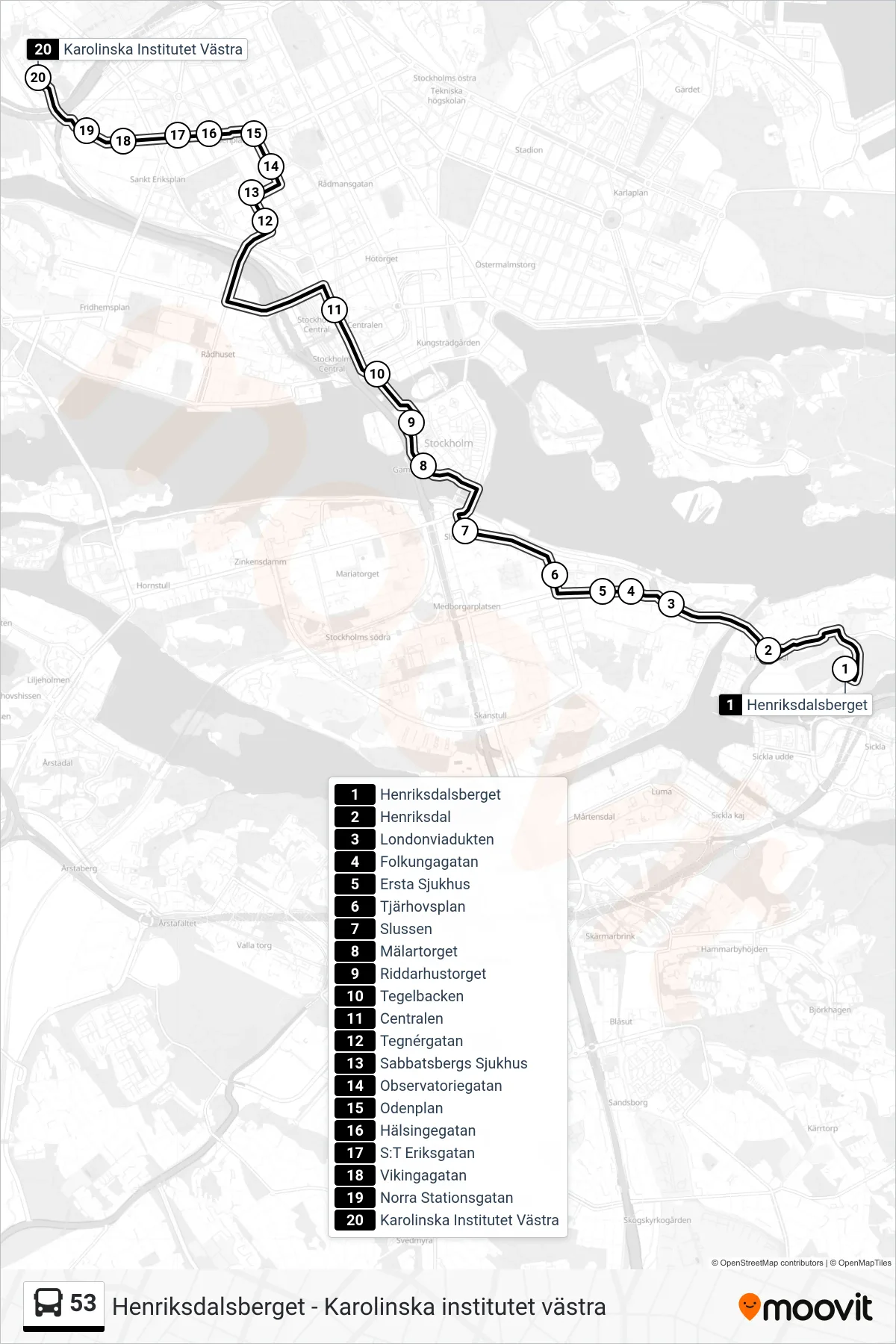 Rutt och hållplatser på karta för linje 53 buss, (Karolinska Institutet Västra)