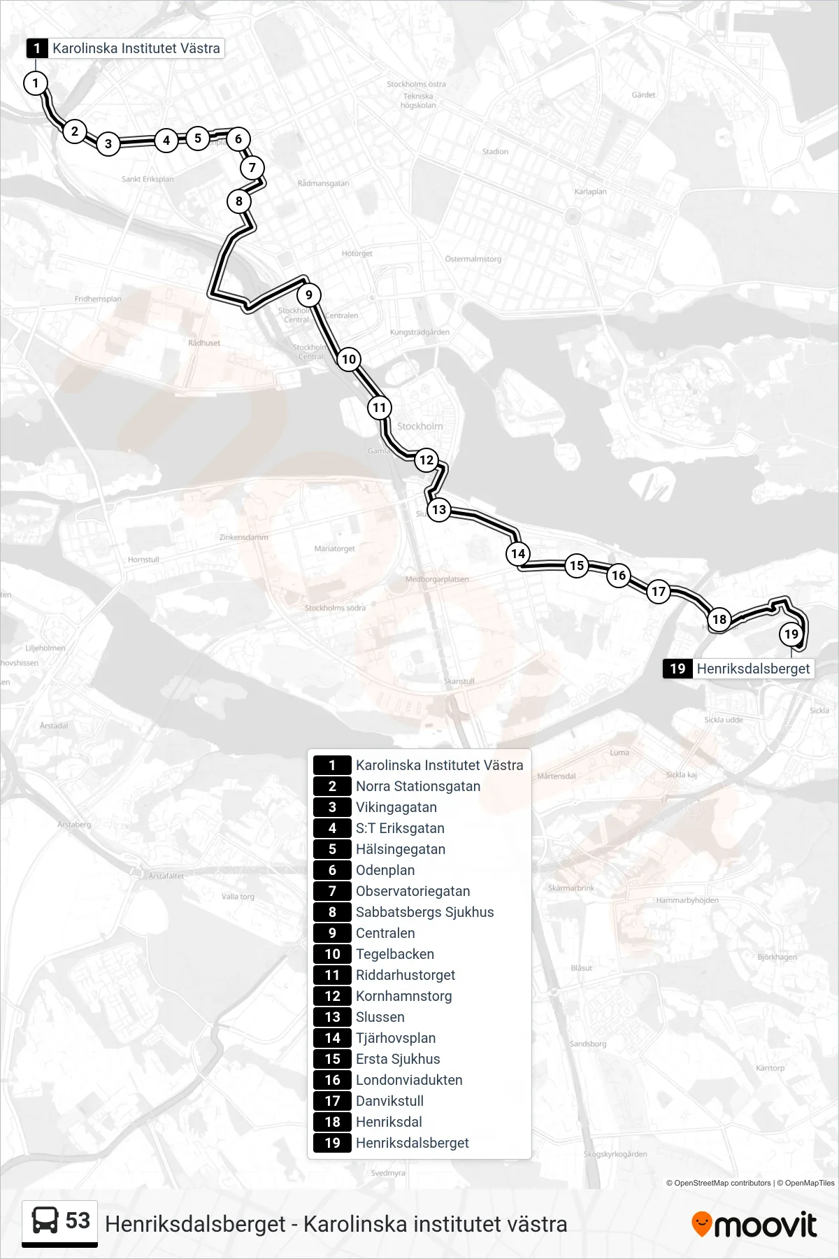 Rutt och hållplatser på karta för linje 53  buss, (Henriksdalsberget)